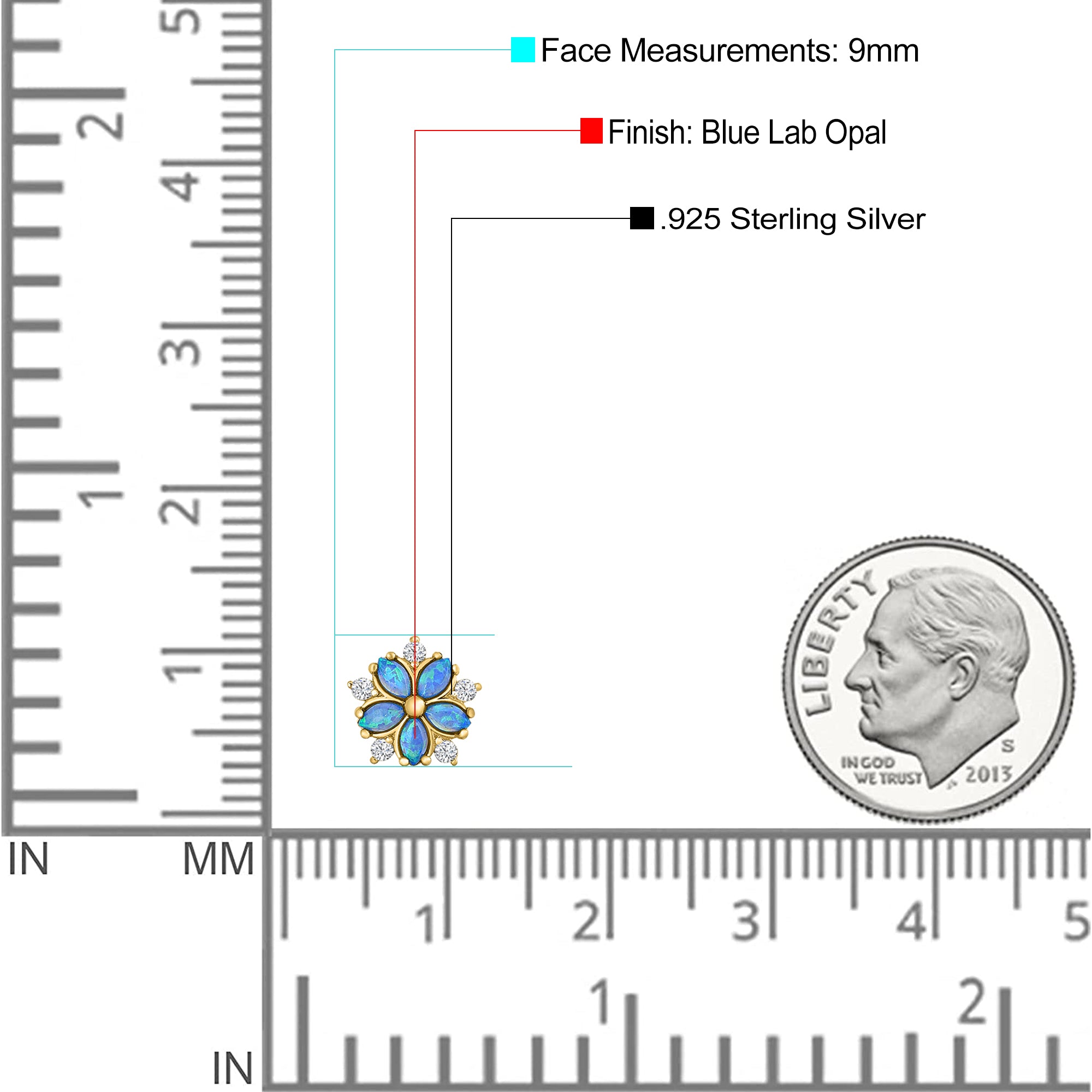 Flower Stud Earring Simulated Cubic Zirconia Created Opal Solid 925 Sterling Silver (9mm)