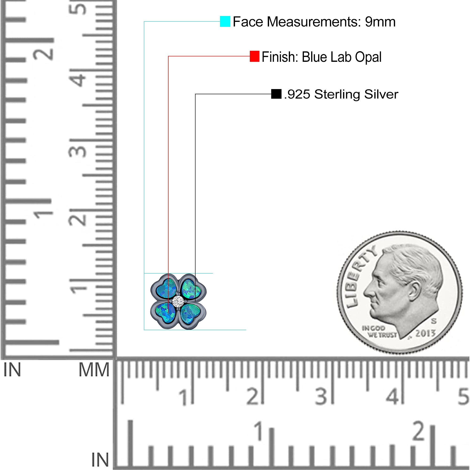 Plumeria Stud Earring Simulated Cubic Zirconia Created Opal Solid 925 Sterling Silver (9mm)