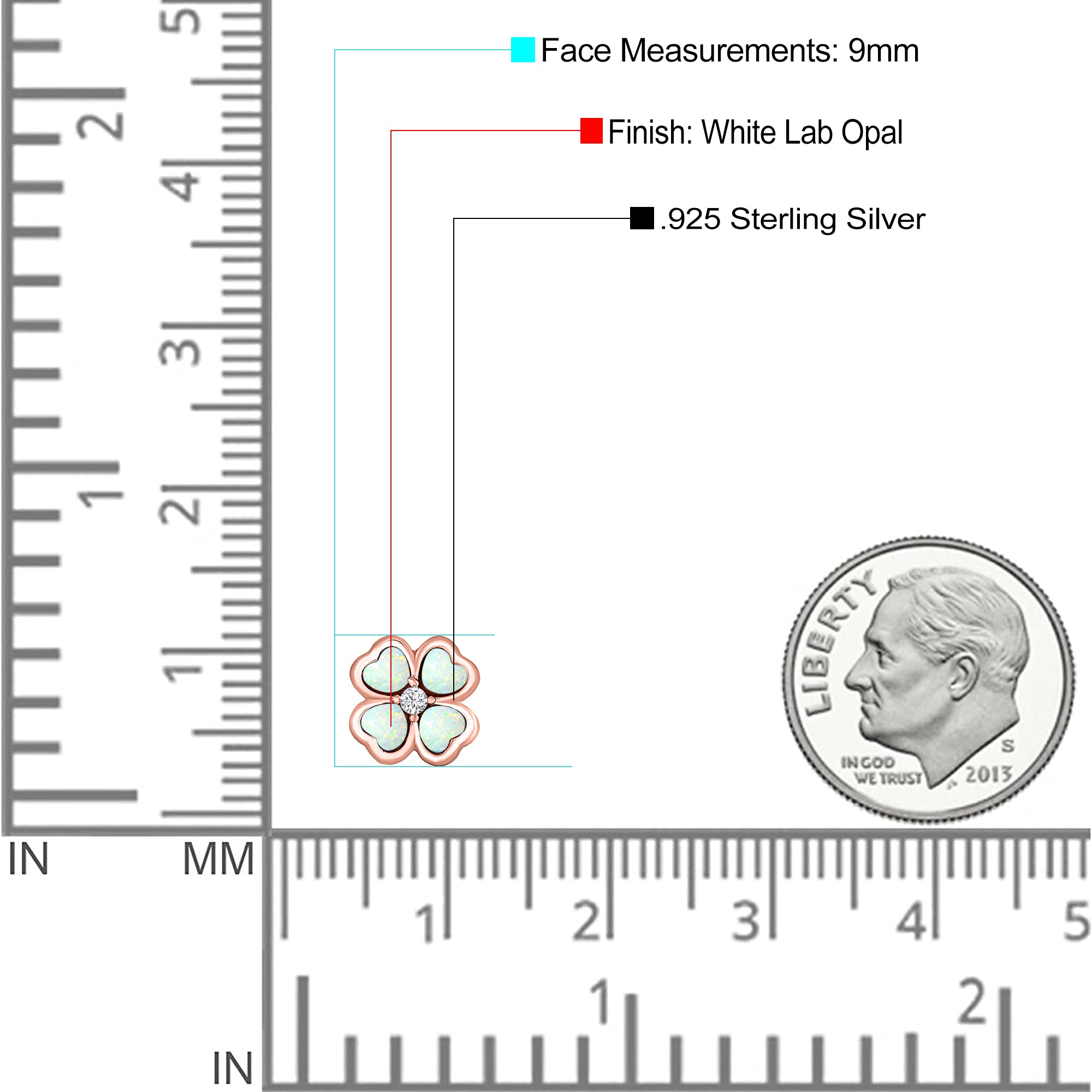 Plumeria Stud Earring Simulated Cubic Zirconia Created Opal Solid 925 Sterling Silver (9mm)