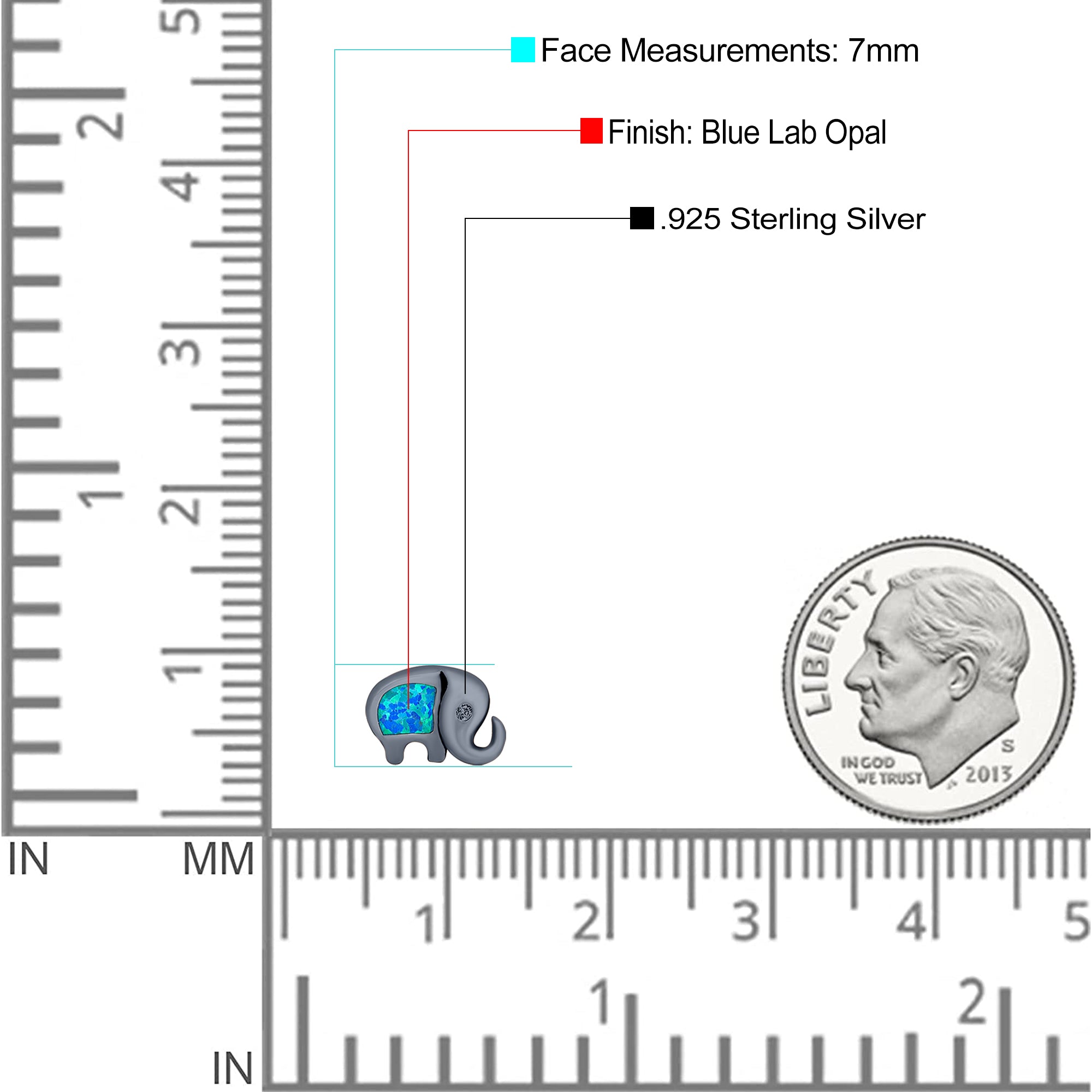 Elephant Stud Earring Created Opal Solid 925 Sterling Silver (7mm)