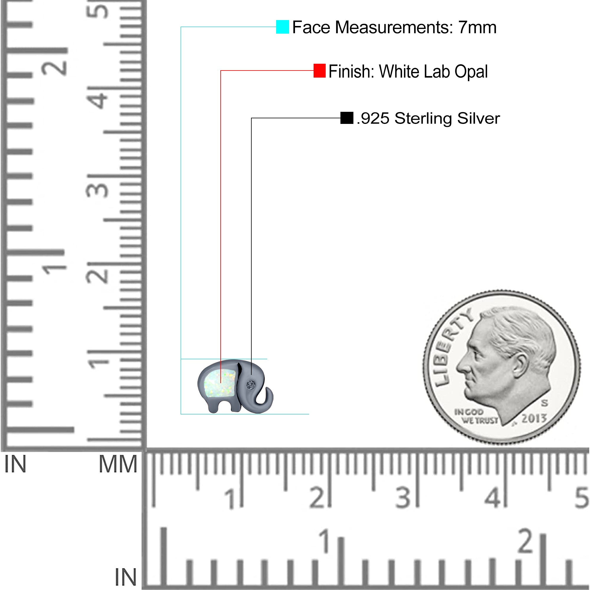 Elephant Stud Earring Created Opal Solid 925 Sterling Silver (7mm)
