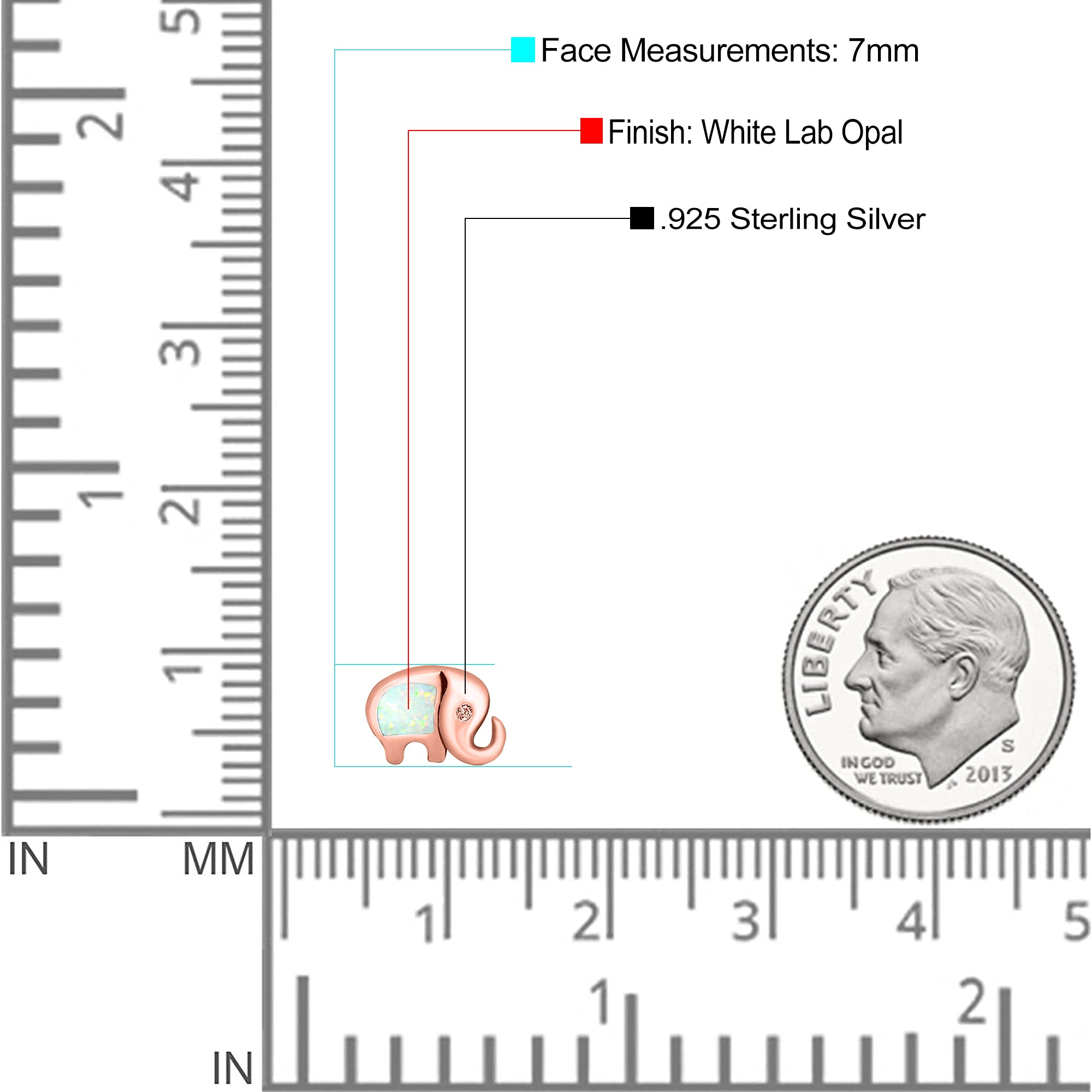 Elephant Stud Earring Created Opal Solid 925 Sterling Silver (7mm)