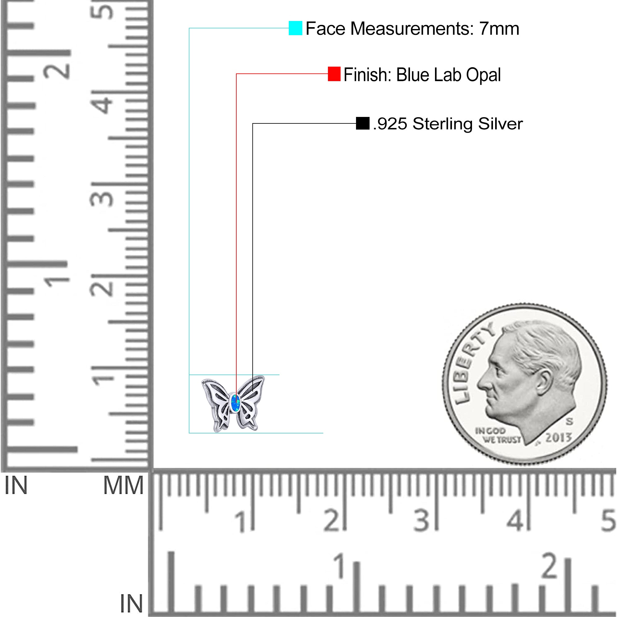 Butterfly Stud Earring Lab Created Opal Solid 925 Sterling Silver (7mm)