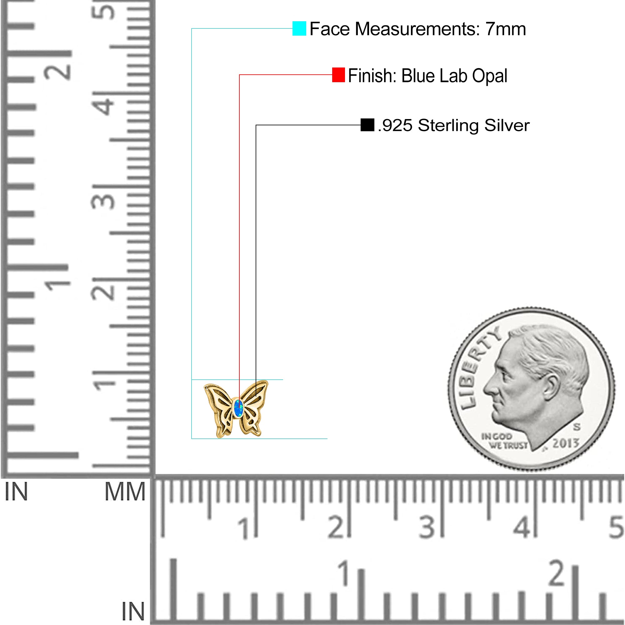 Butterfly Stud Earring Lab Created Opal Solid 925 Sterling Silver (7mm)