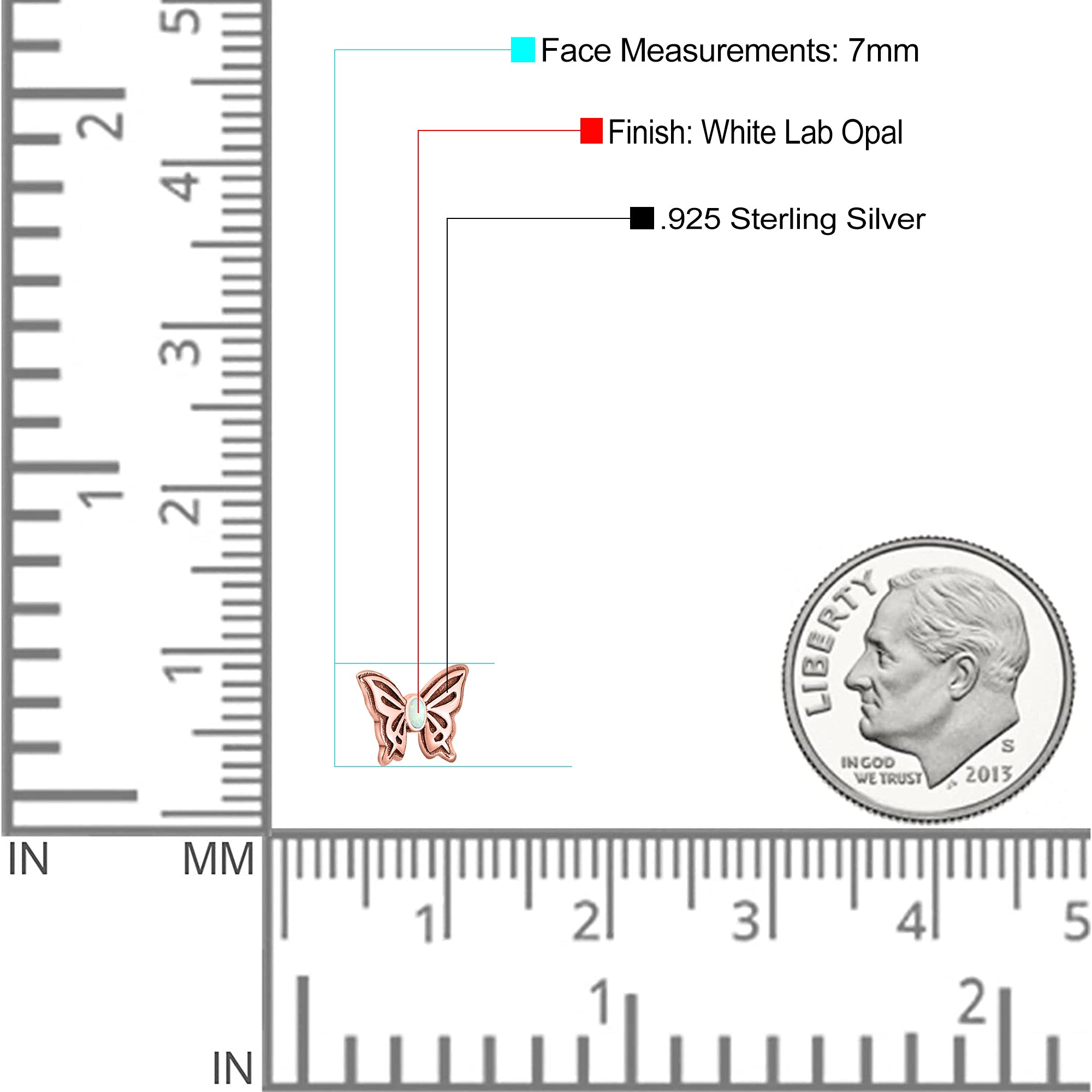Butterfly Stud Earring Lab Created Opal Solid 925 Sterling Silver (7mm)