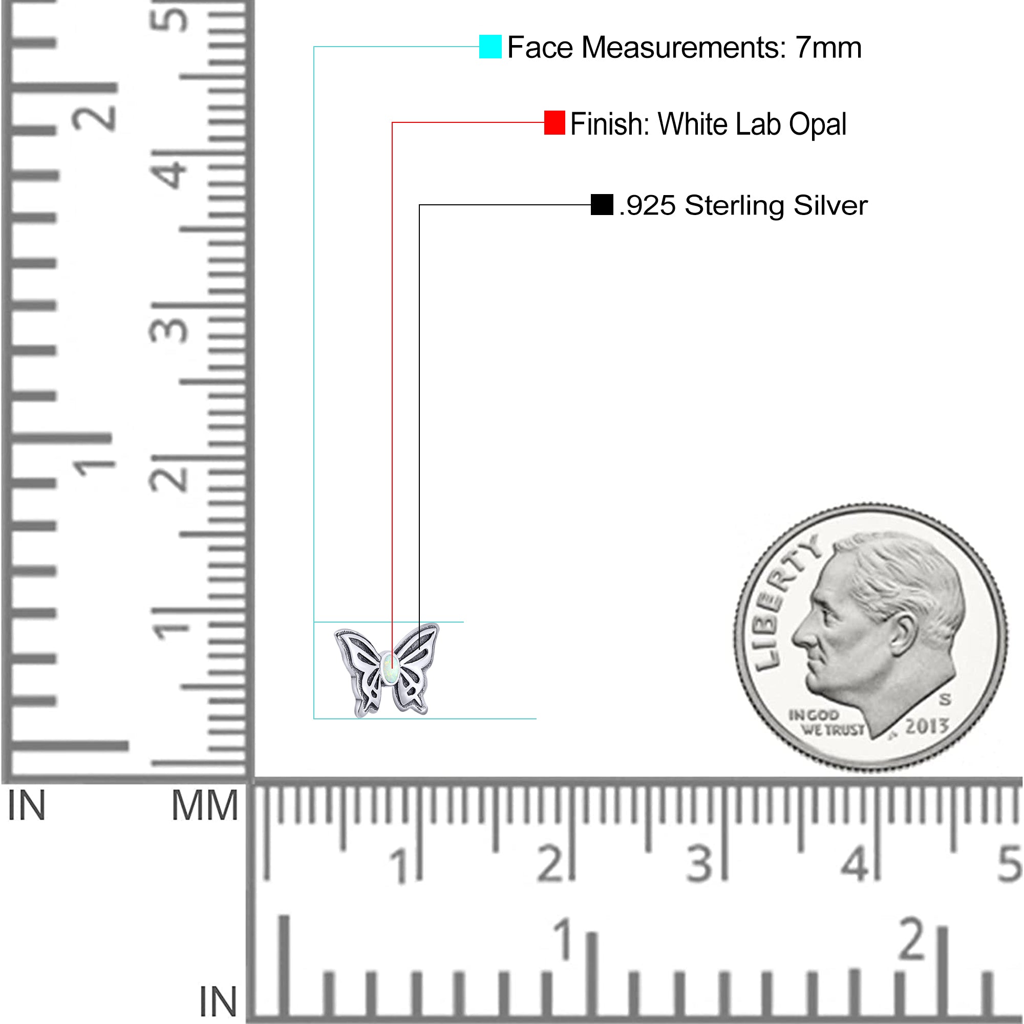 Butterfly Stud Earring Lab Created Opal Solid 925 Sterling Silver (7mm)