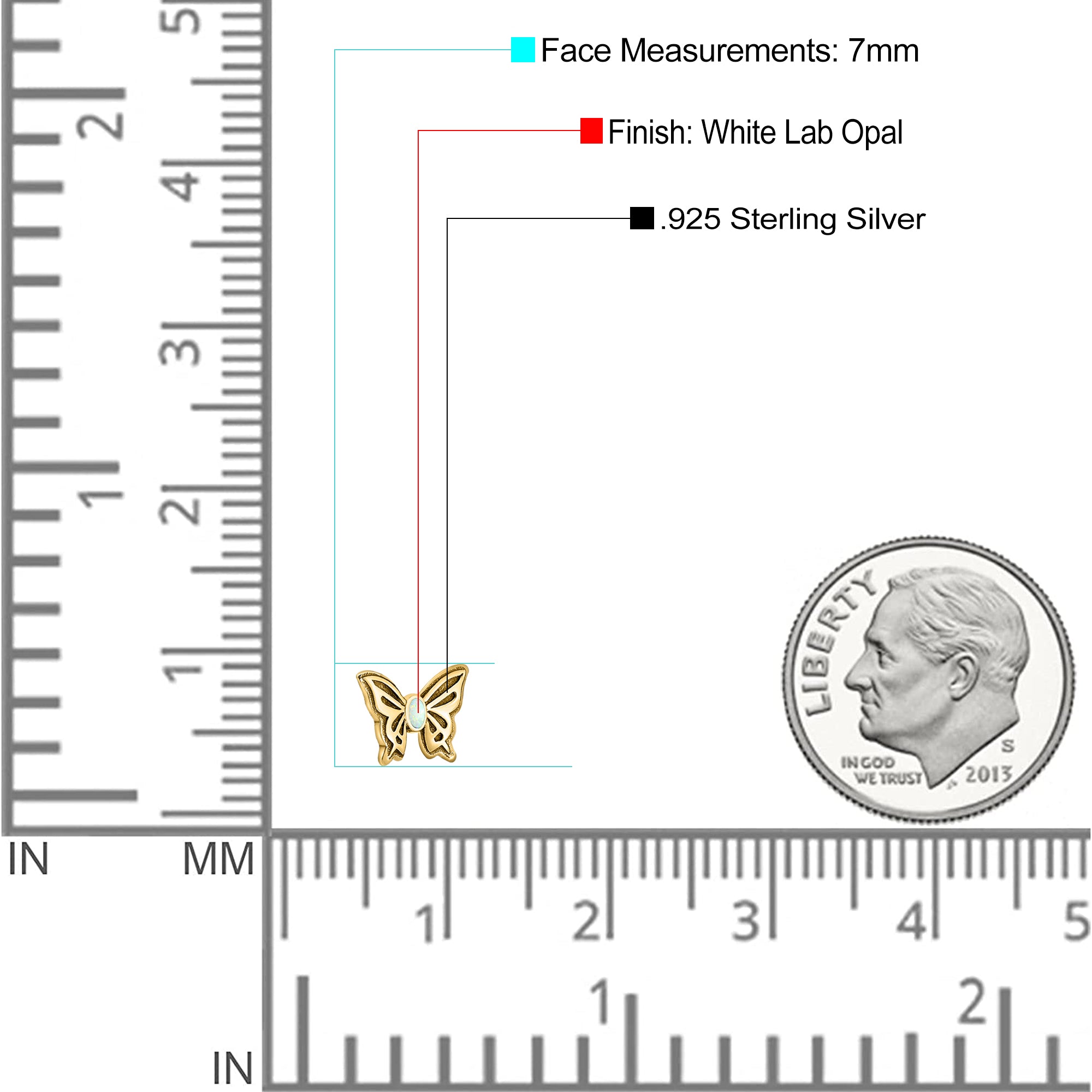 Butterfly Stud Earring Lab Created Opal Solid 925 Sterling Silver (7mm)