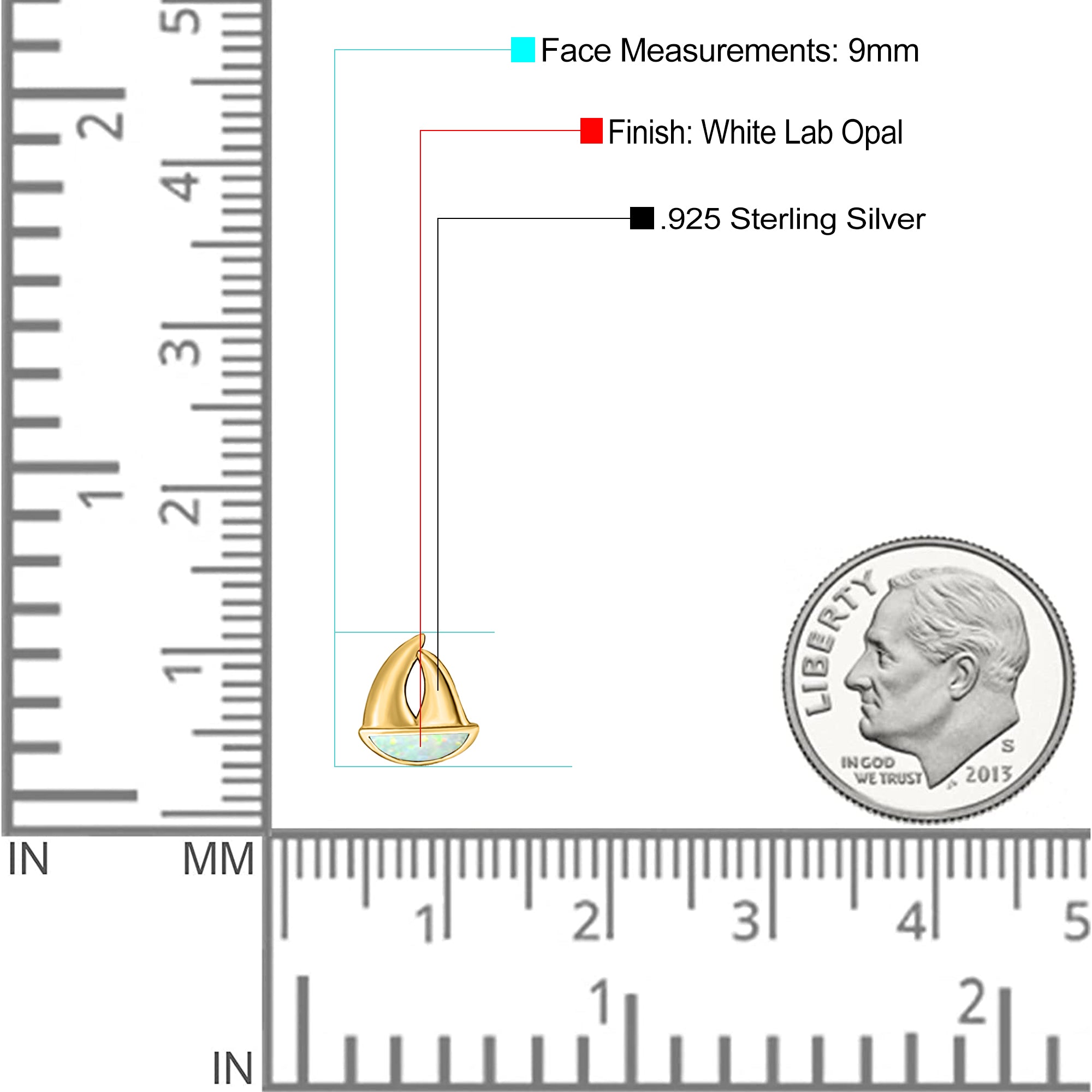 Sail Boat Stud Earring Created Opal Solid 925 Sterling Silver (9mm)