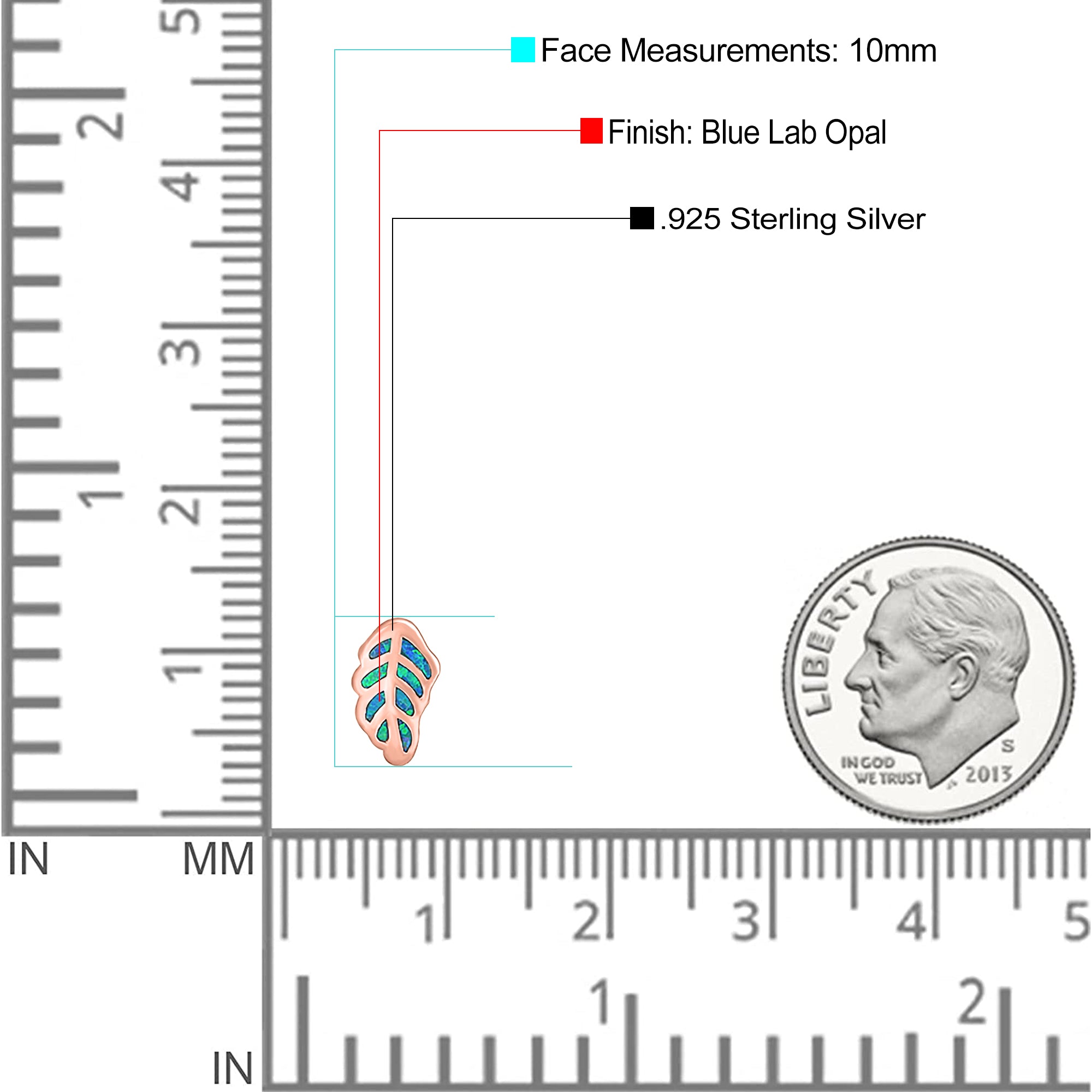 Leaf Stud Earring Created Opal Solid 925 Sterling Silver (10mm)