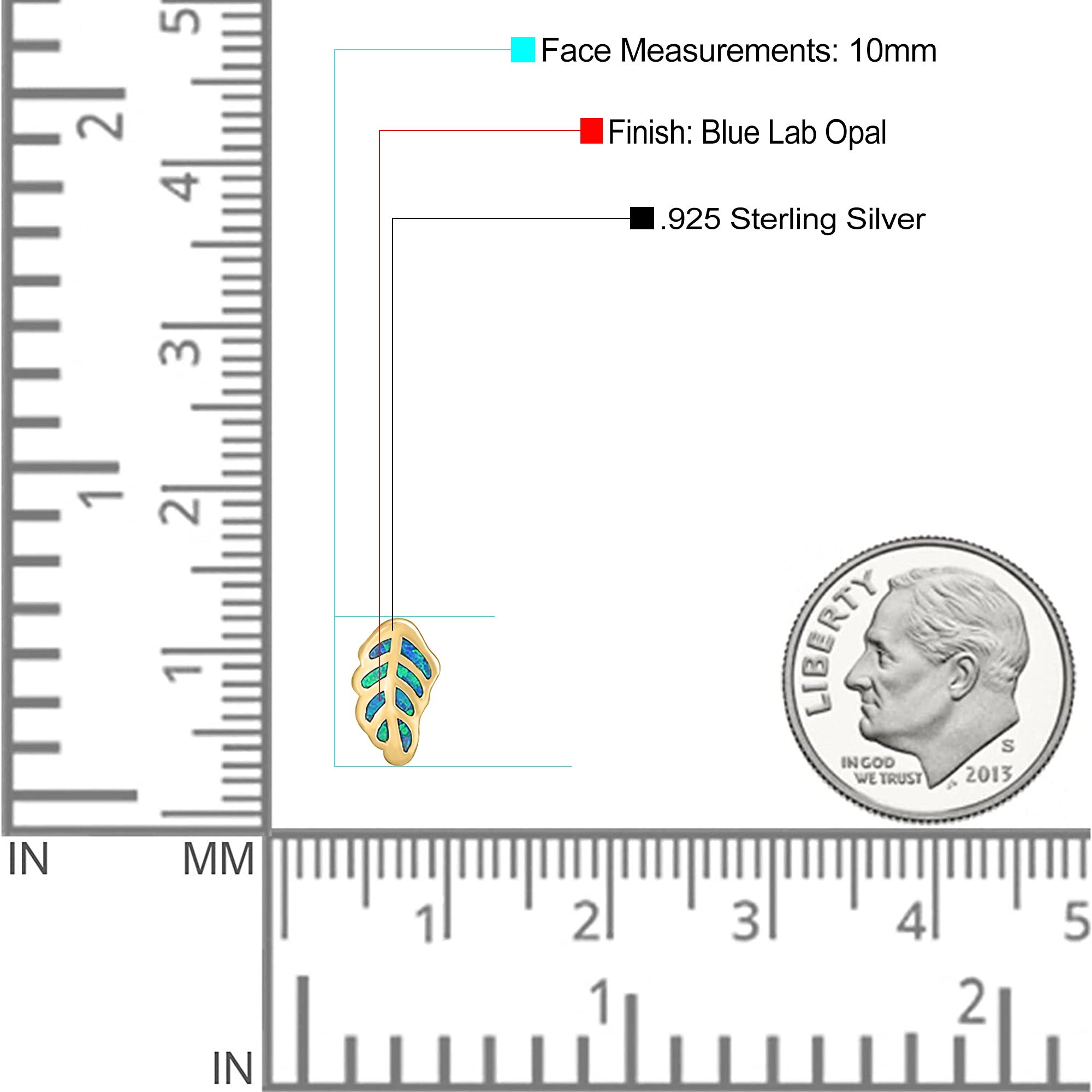 Leaf Stud Earring Created Opal Solid 925 Sterling Silver (10mm)