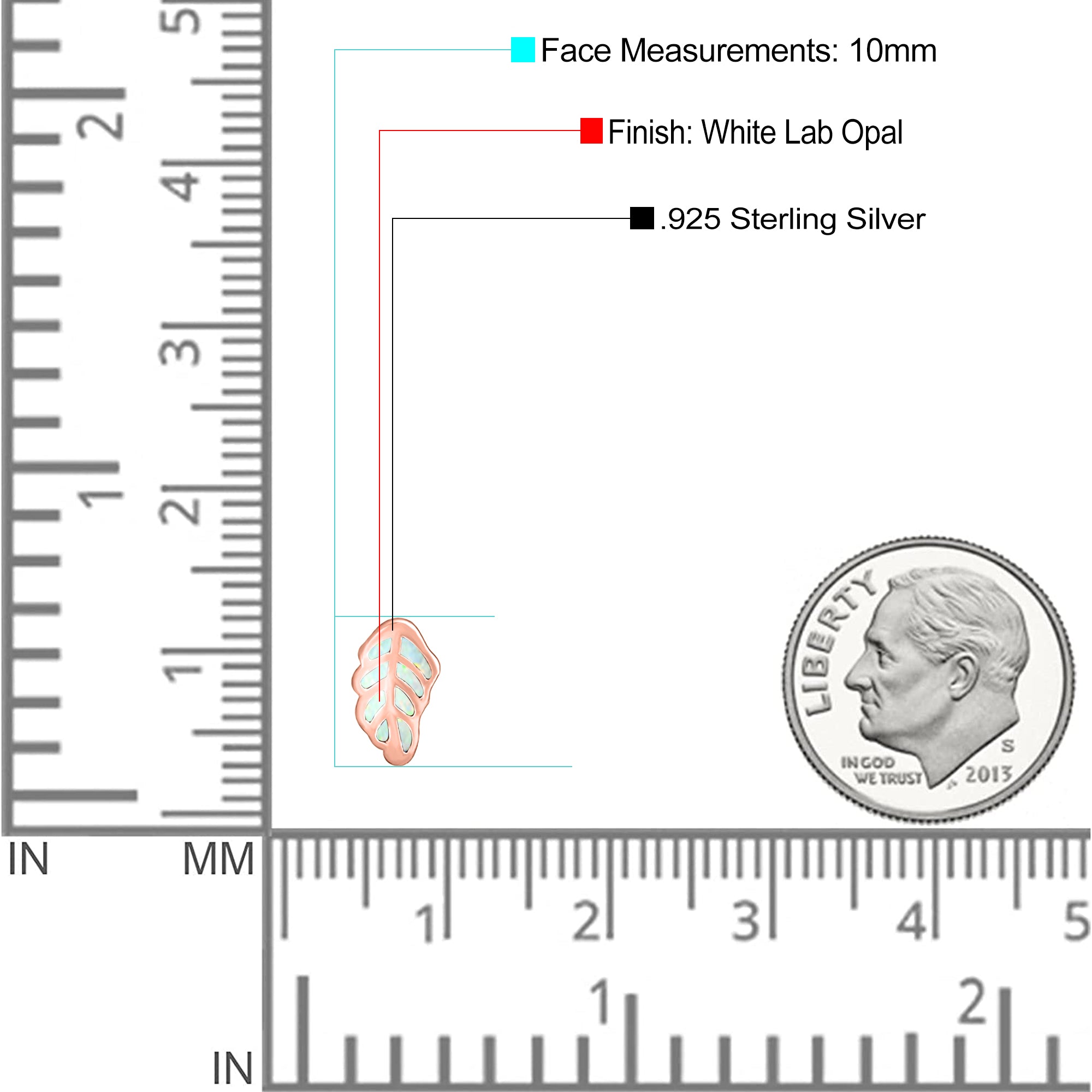 Leaf Stud Earring Created Opal Solid 925 Sterling Silver (10mm)