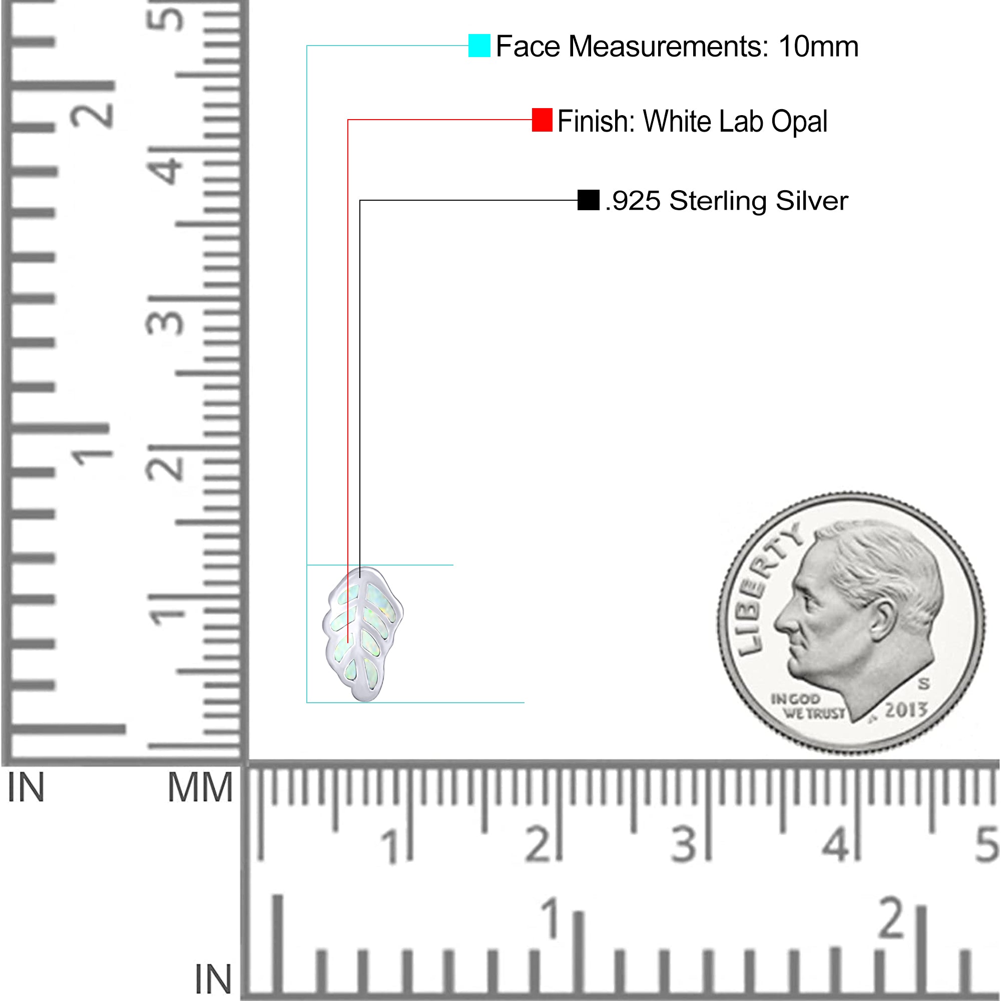 Leaf Stud Earring Created Opal Solid 925 Sterling Silver (10mm)