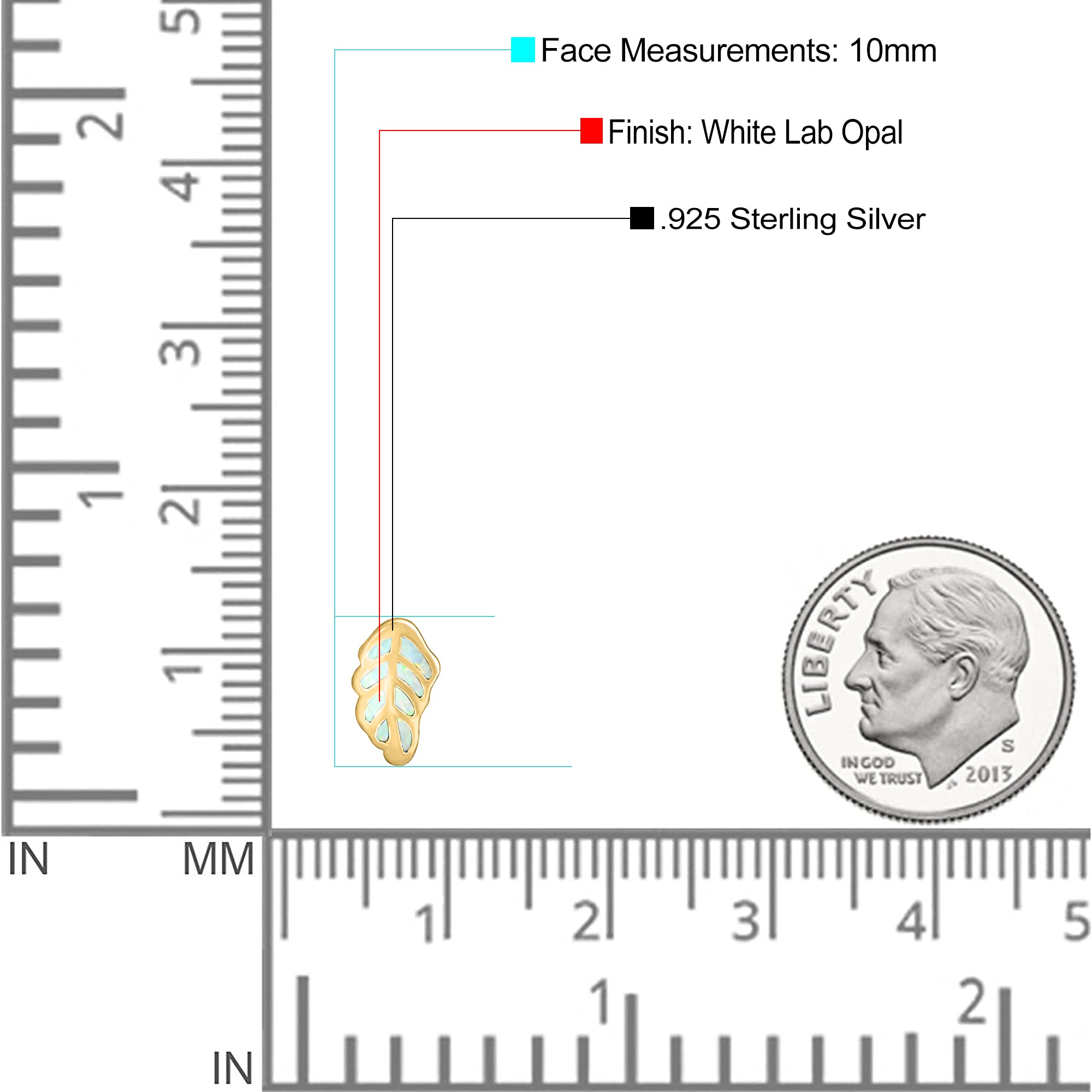 Leaf Stud Earring Created Opal Solid 925 Sterling Silver (10mm)