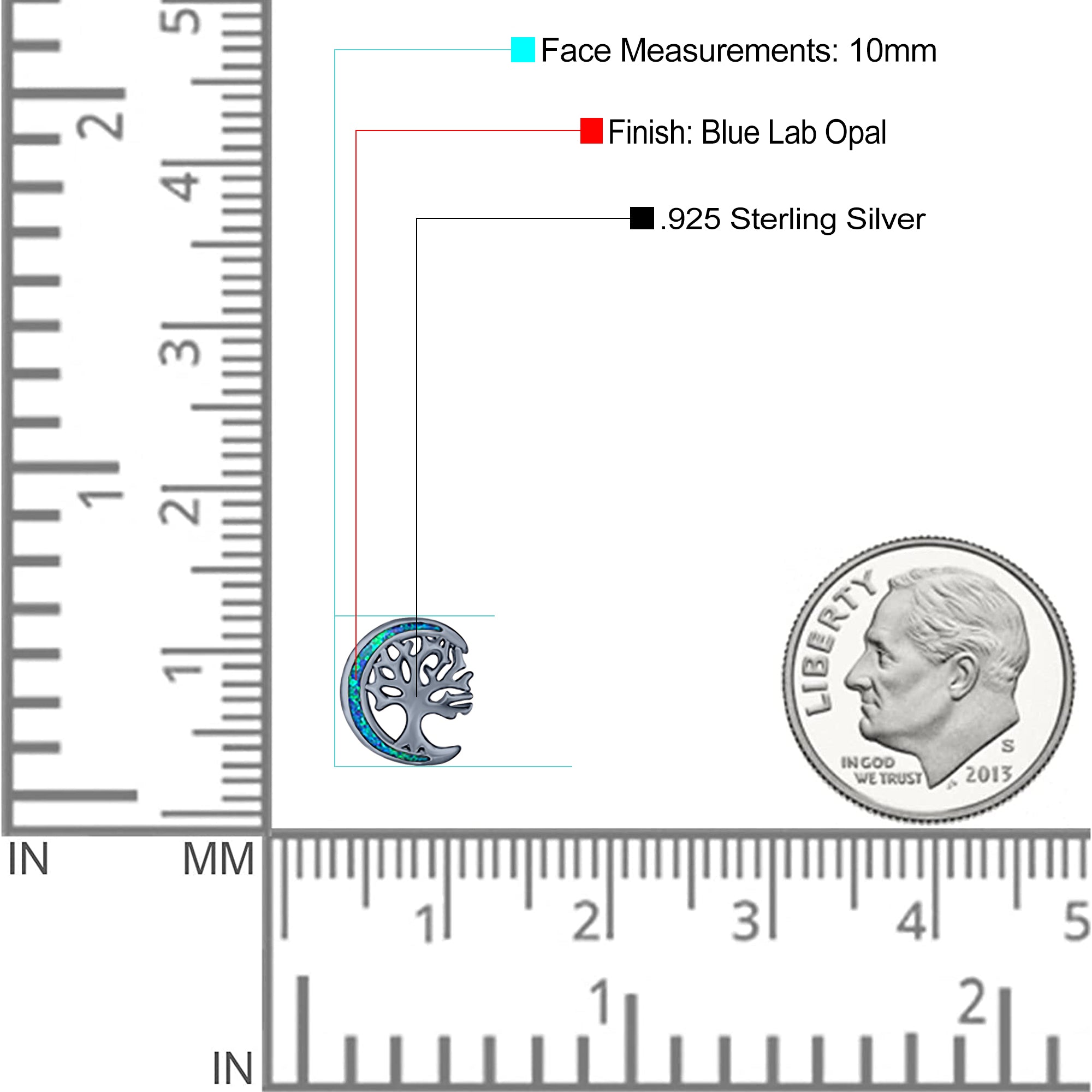 Moon & Tree Stud Earring Created Opal Solid 925 Sterling Silver (10mm)