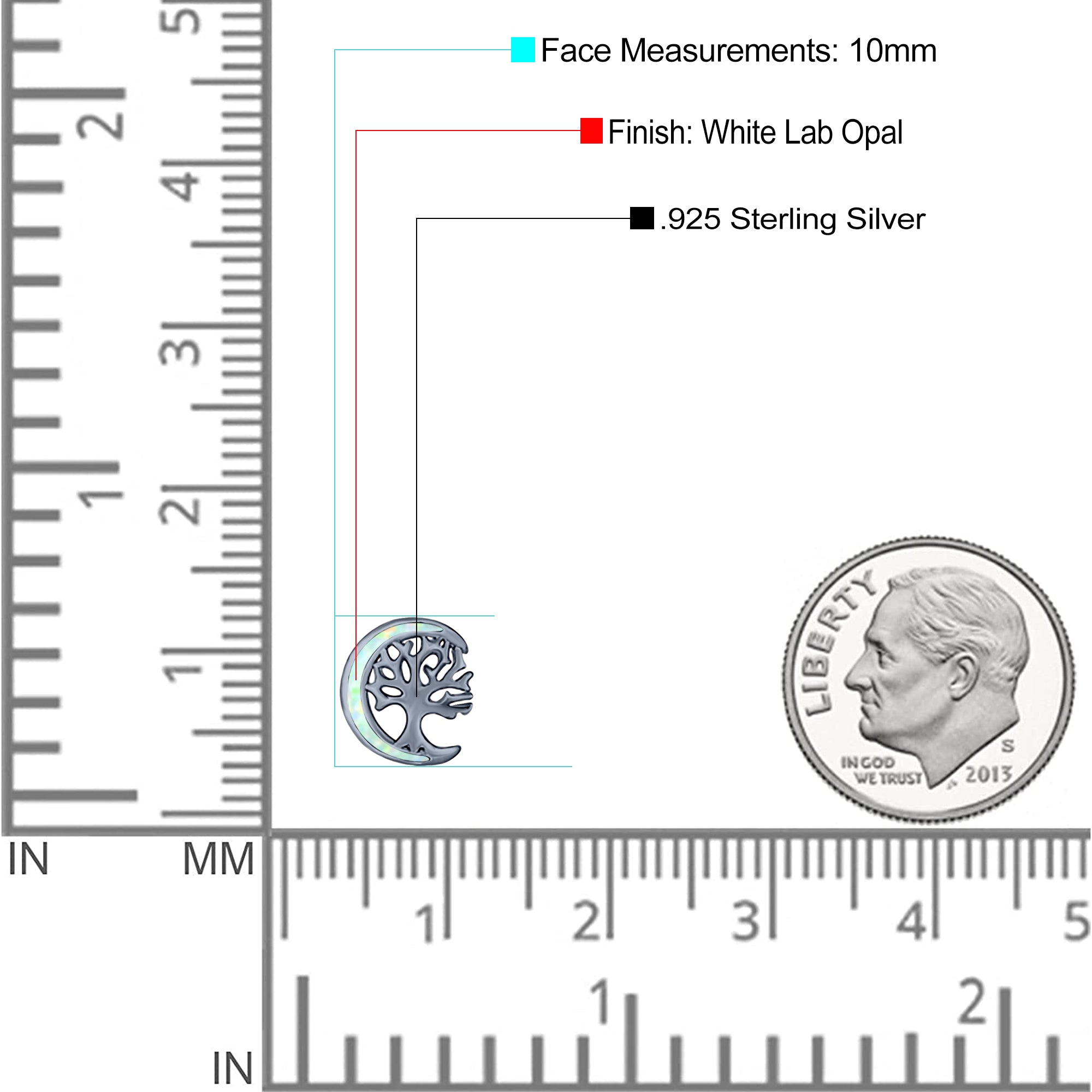 Moon & Tree Stud Earring Created Opal Solid 925 Sterling Silver (10mm)