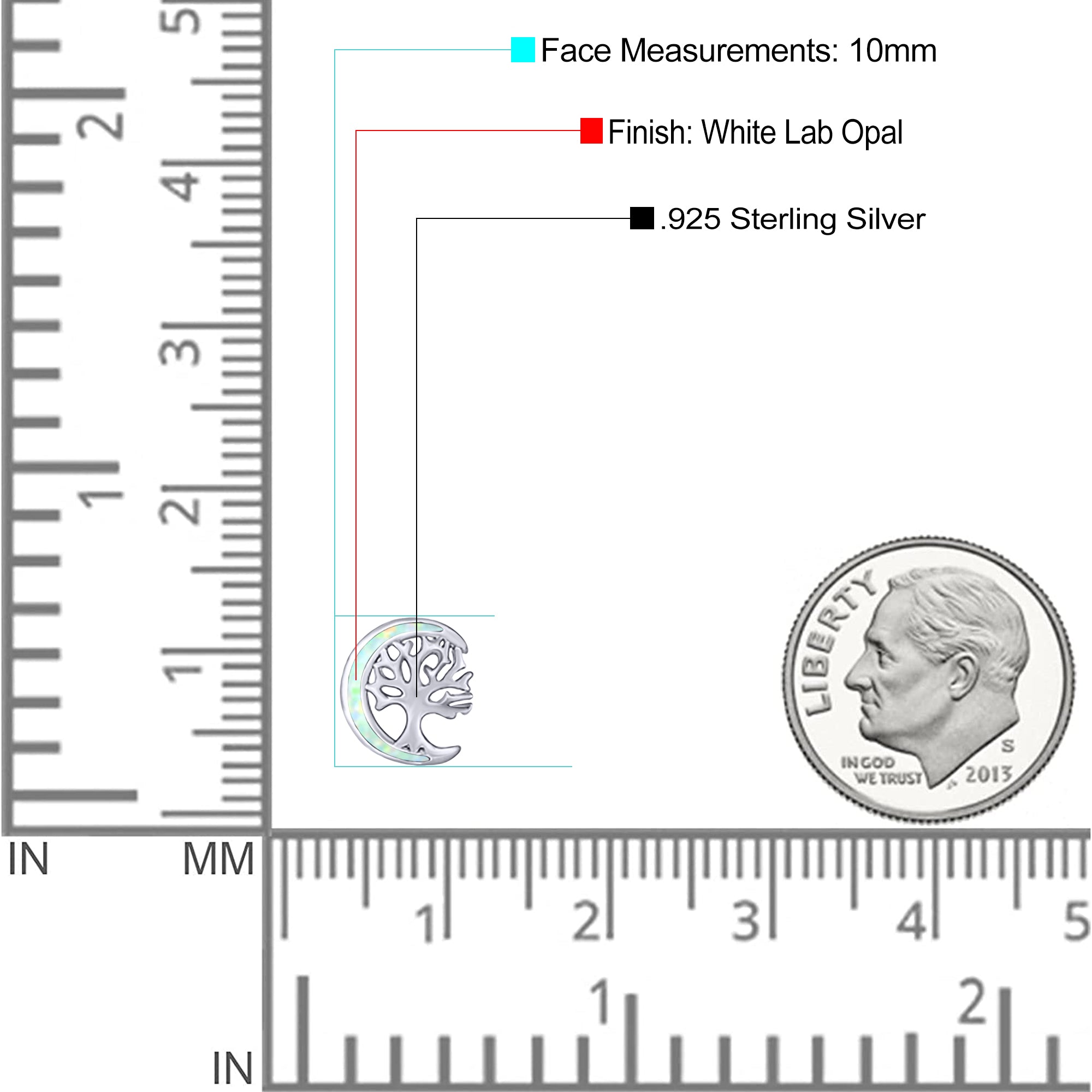 Moon & Tree Stud Earring Created Opal Solid 925 Sterling Silver (10mm)