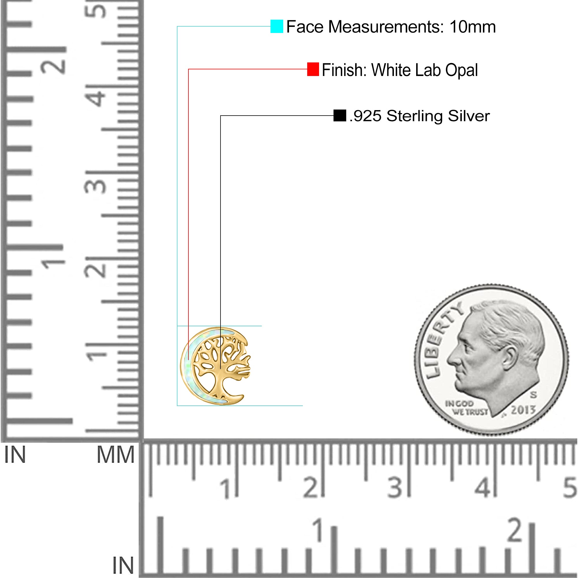 Moon & Tree Stud Earring Created Opal Solid 925 Sterling Silver (10mm)