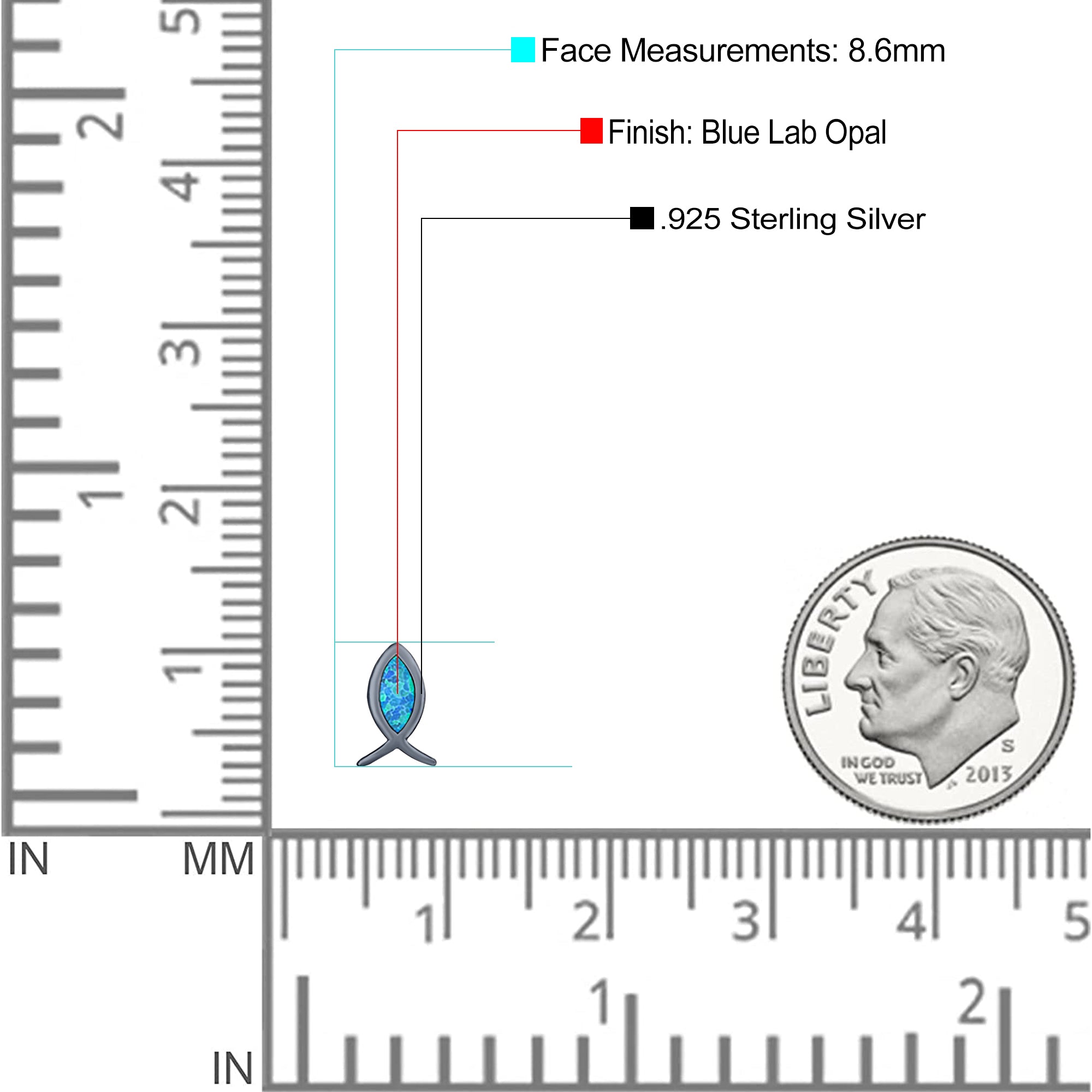 Fish Stud Earring Created Opal Solid 925 Sterling Silver (8.6mm)