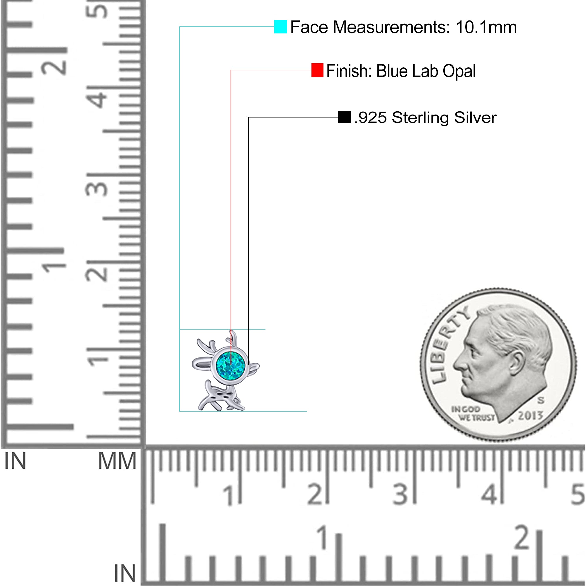 Deer Stud Earring Created Opal Solid 925 Sterling Silver (10.1mm)