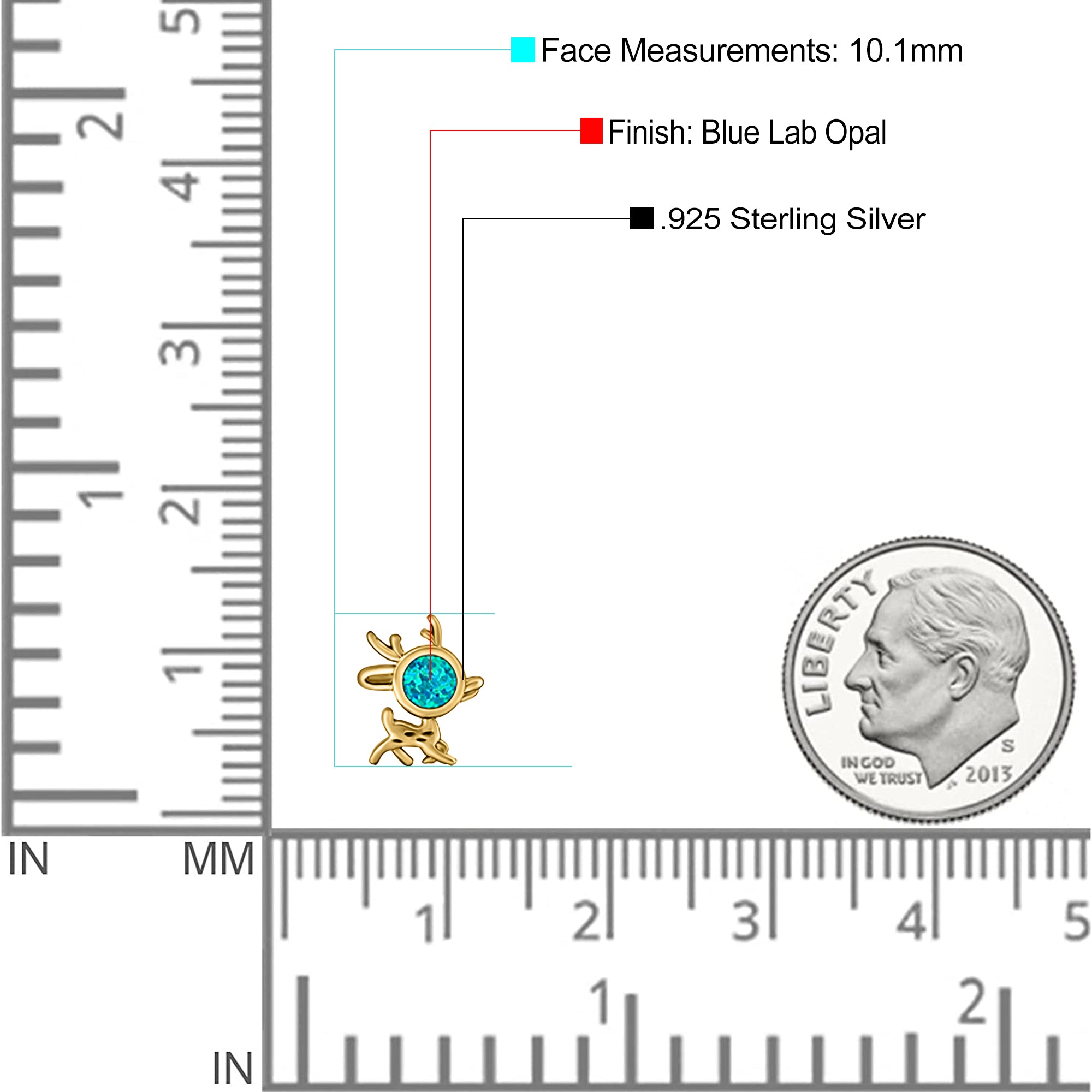 Deer Stud Earring Created Opal Solid 925 Sterling Silver (10.1mm)