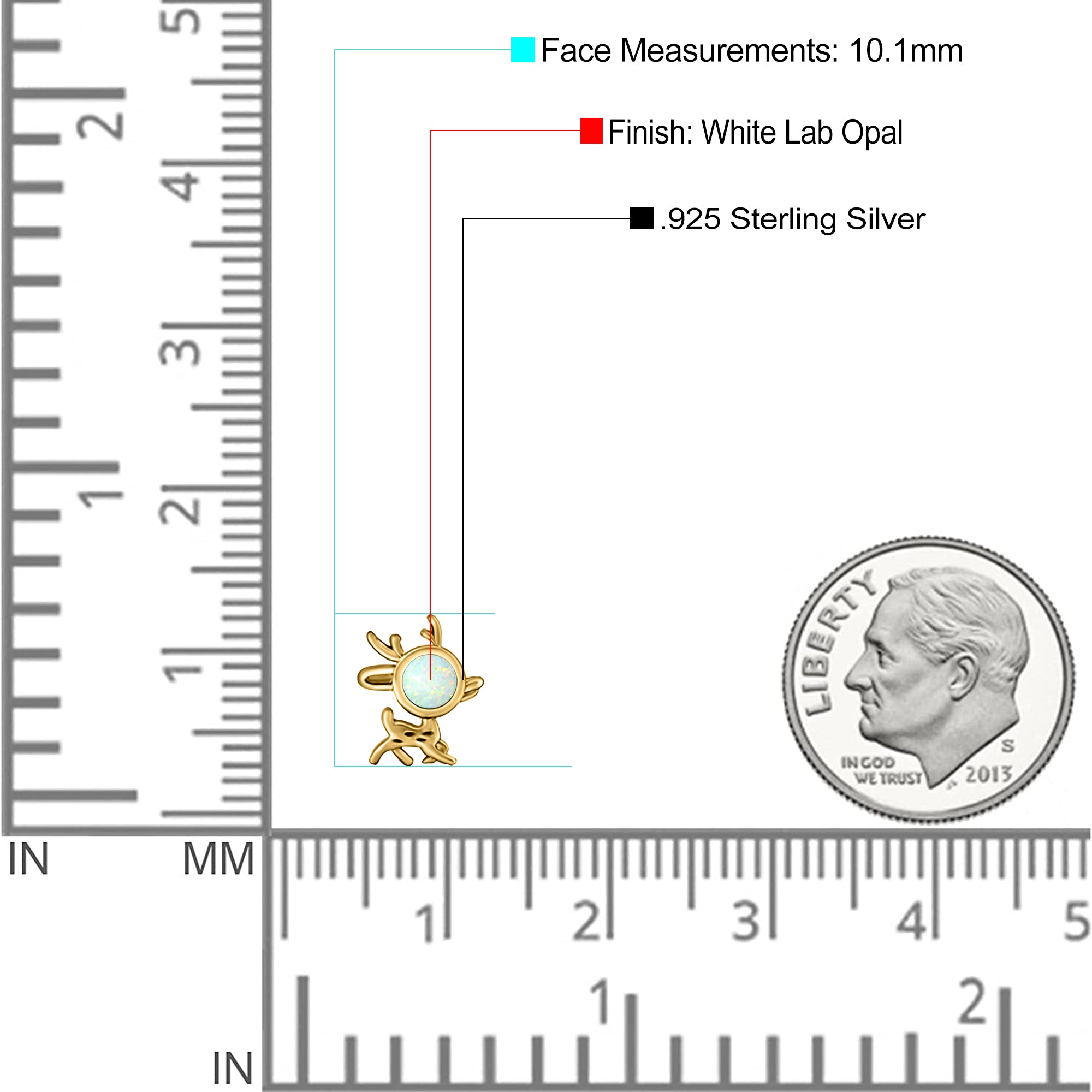 Deer Stud Earring Created Opal Solid 925 Sterling Silver (10.1mm)