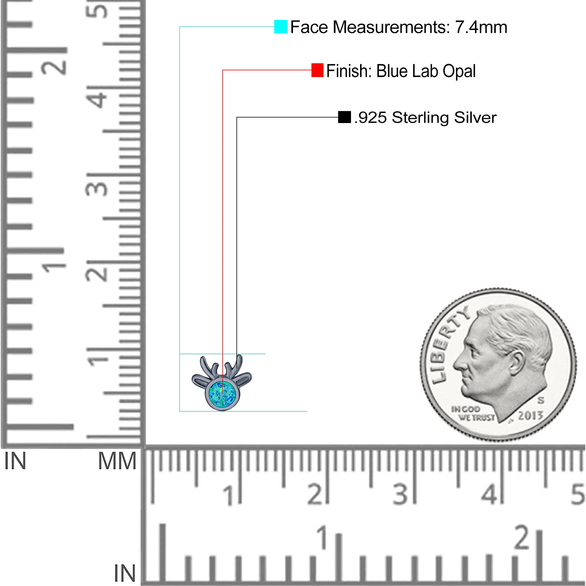 Deer Stud Earring Created Opal Solid 925 Sterling Silver (7.4mm)