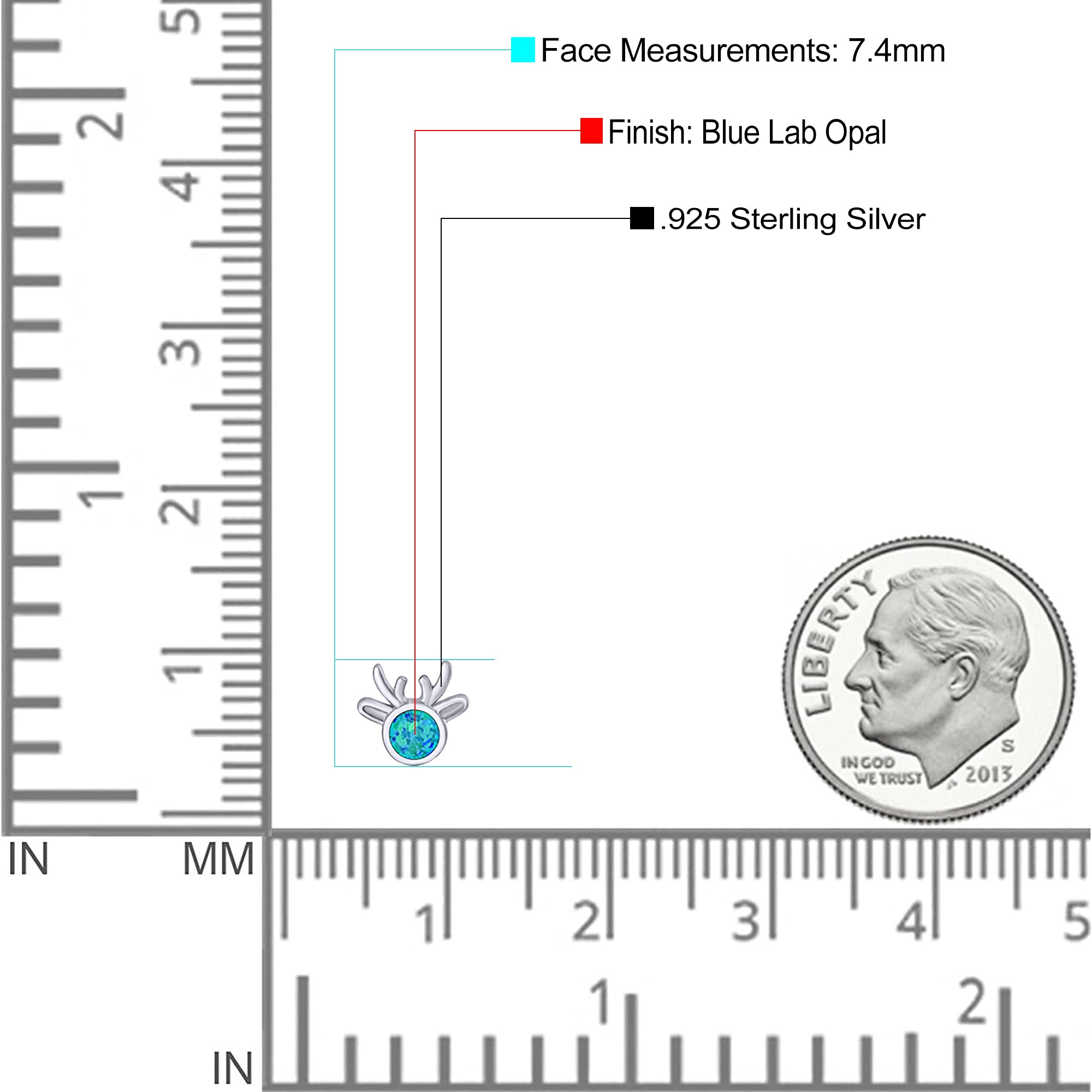 Deer Stud Earring Created Opal Solid 925 Sterling Silver (7.4mm)