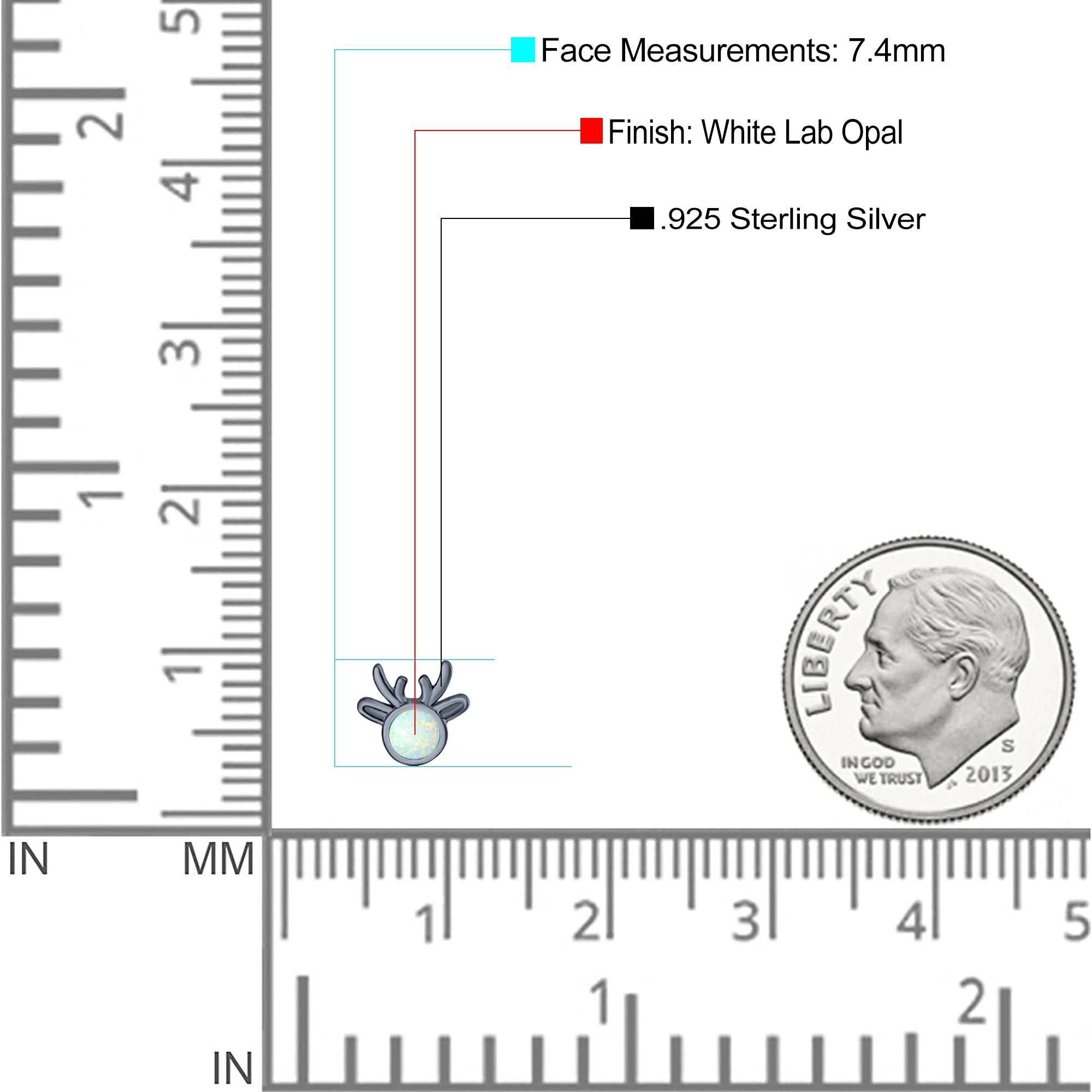 Deer Stud Earring Created Opal Solid 925 Sterling Silver (7.4mm)