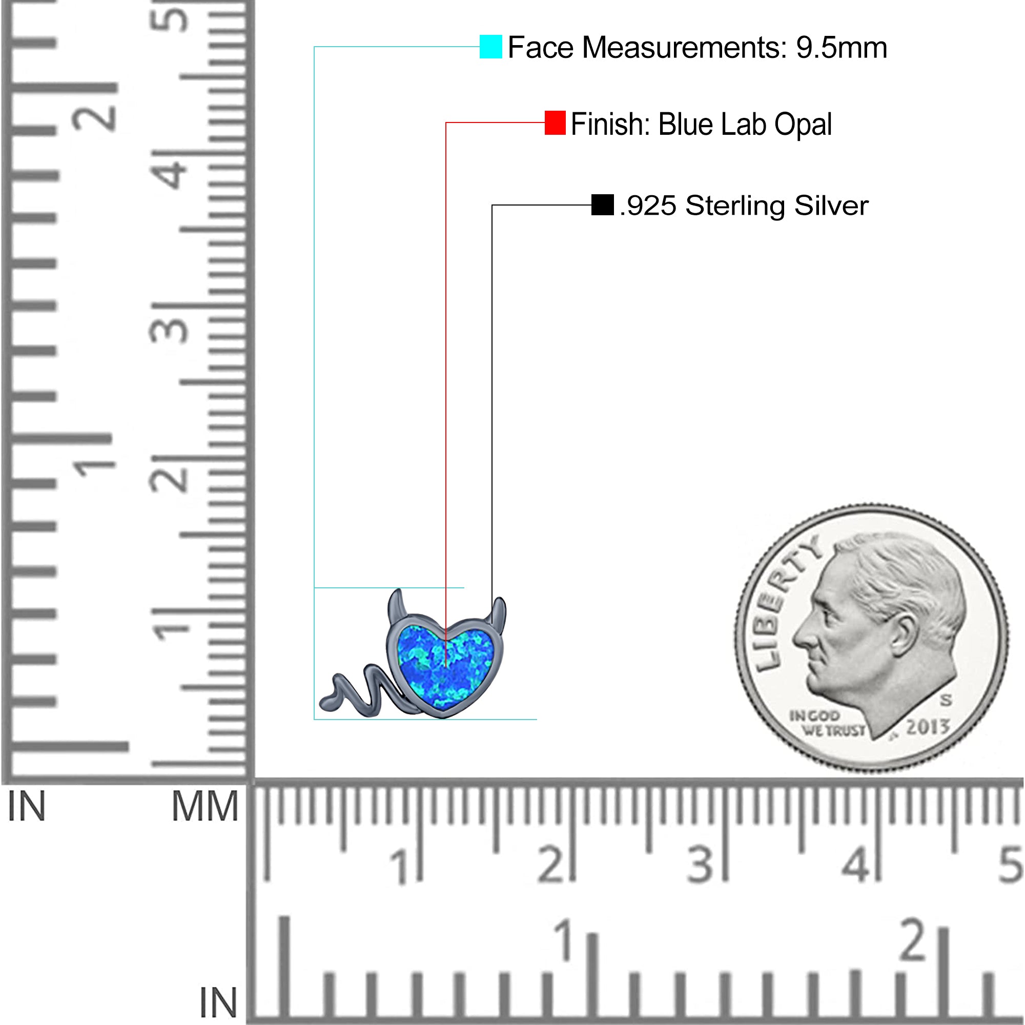 Heart Devil Stud Earring Created Opal Solid 925 Sterling Silver (9.5mm)
