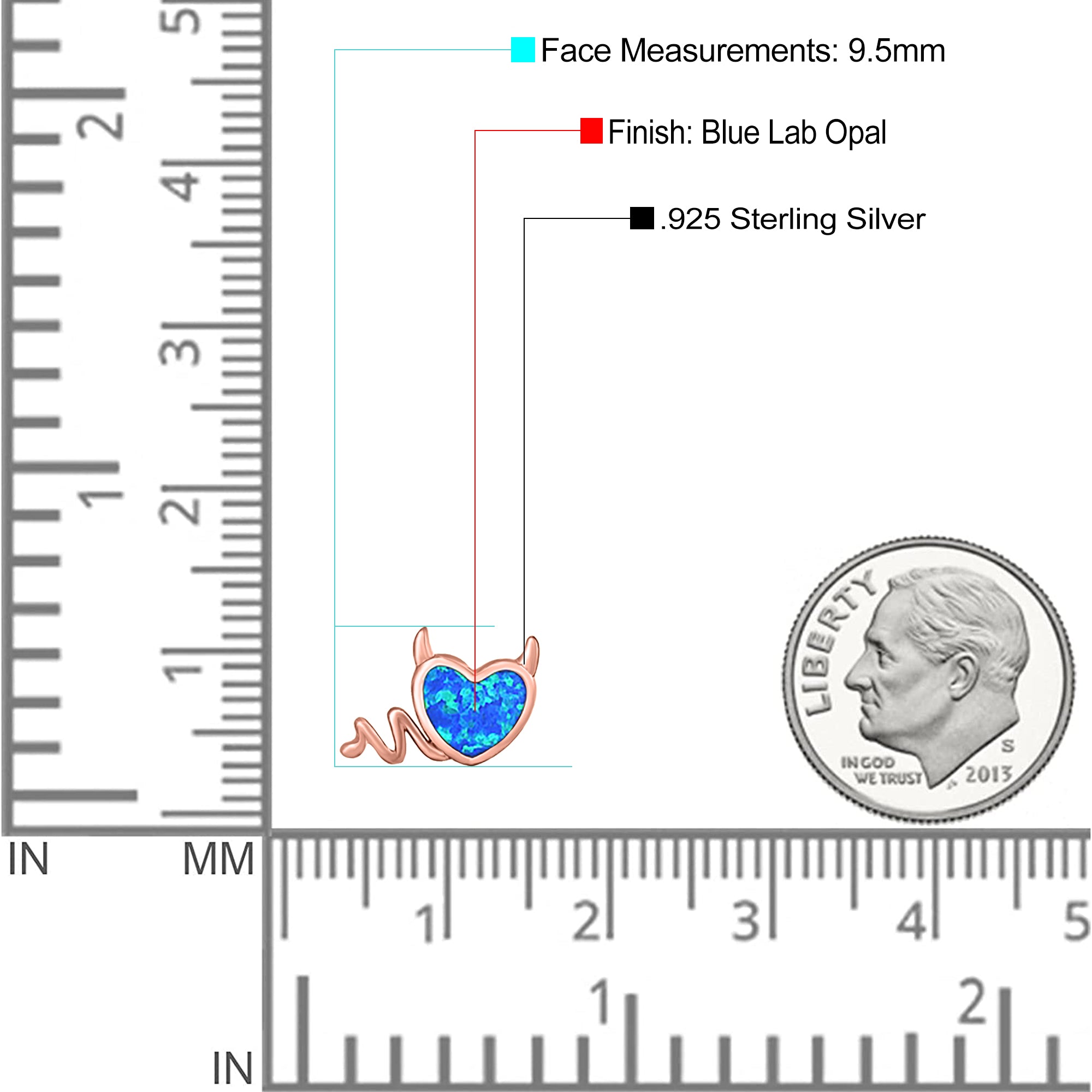 Heart Devil Stud Earring Created Opal Solid 925 Sterling Silver (9.5mm)