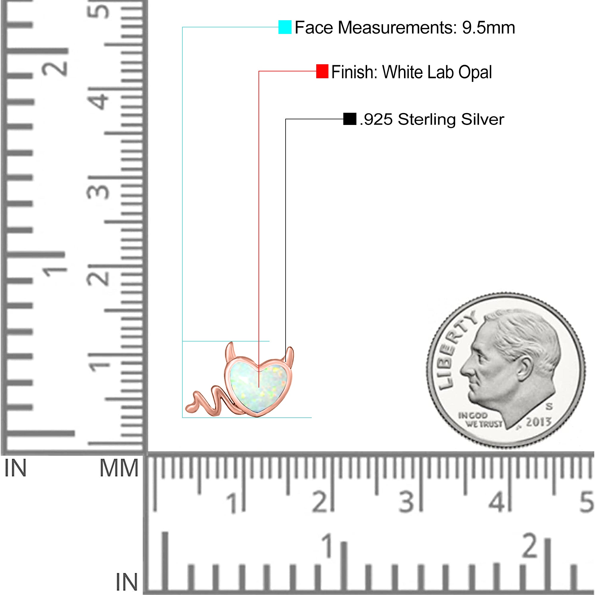 Heart Devil Stud Earring Created Opal Solid 925 Sterling Silver (9.5mm)