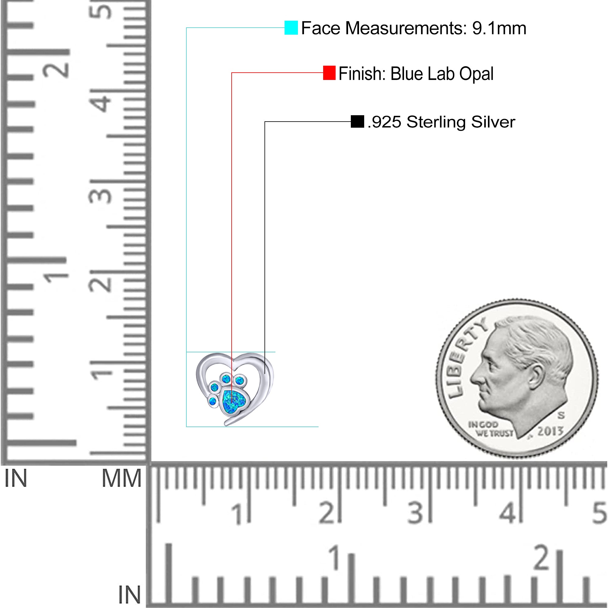 Heart & Paw Print Stud Earring Created Opal Solid 925 Sterling Silver (9.1mm)