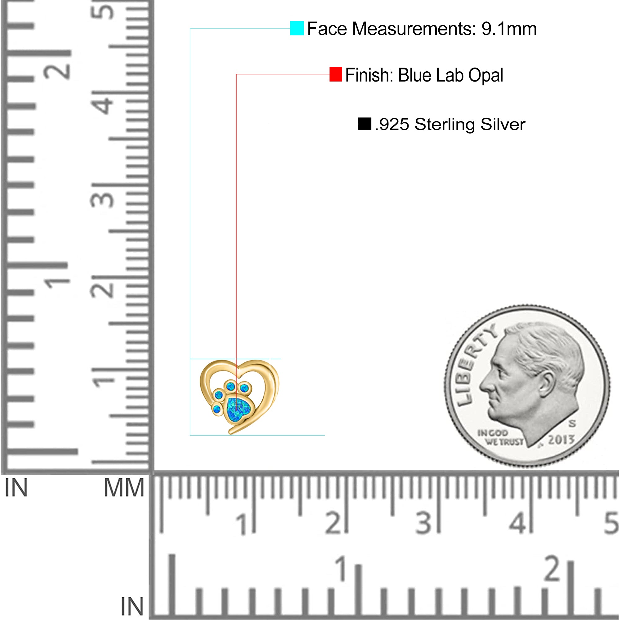 Heart & Paw Print Stud Earring Created Opal Solid 925 Sterling Silver (9.1mm)