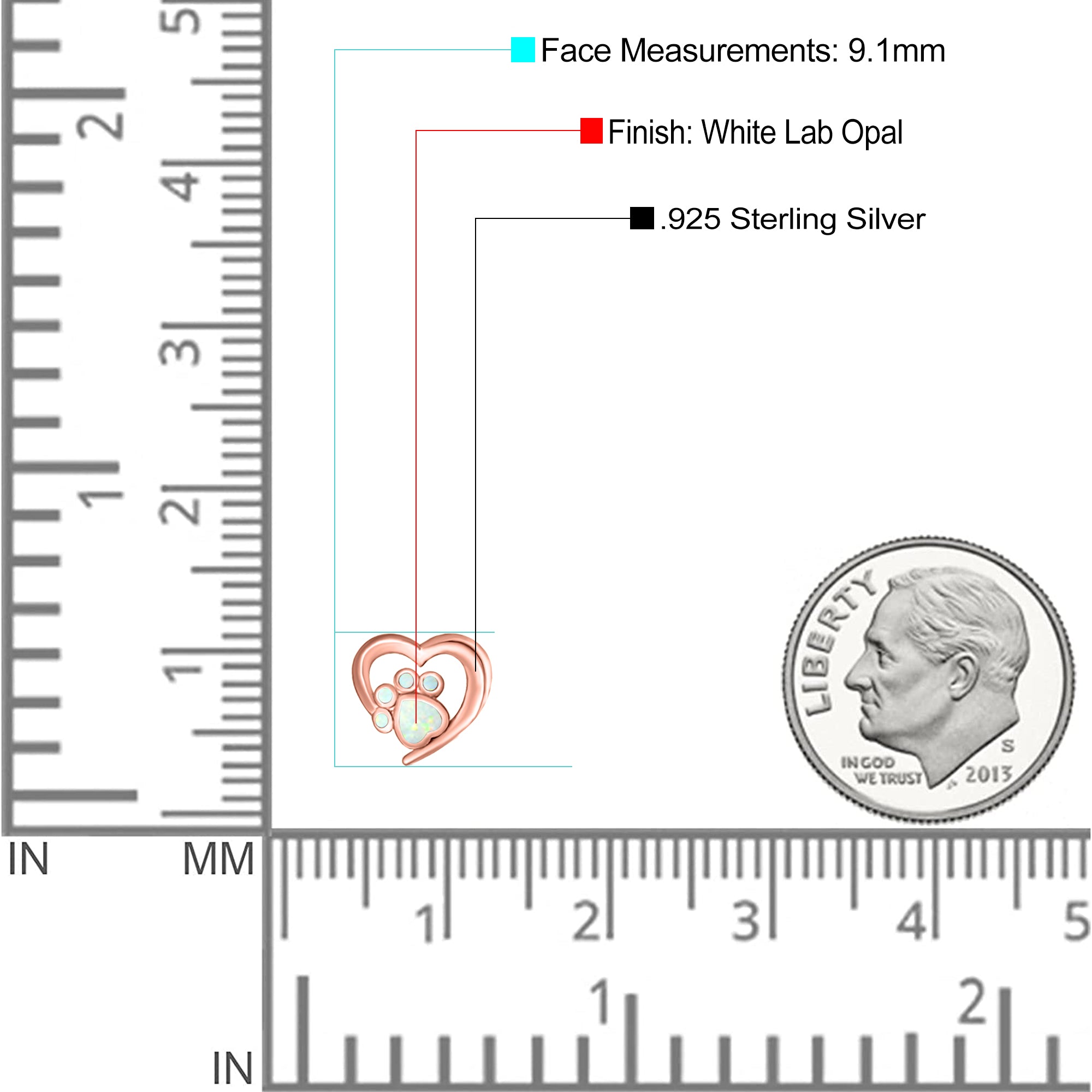 Heart & Paw Print Stud Earring Created Opal Solid 925 Sterling Silver (9.1mm)