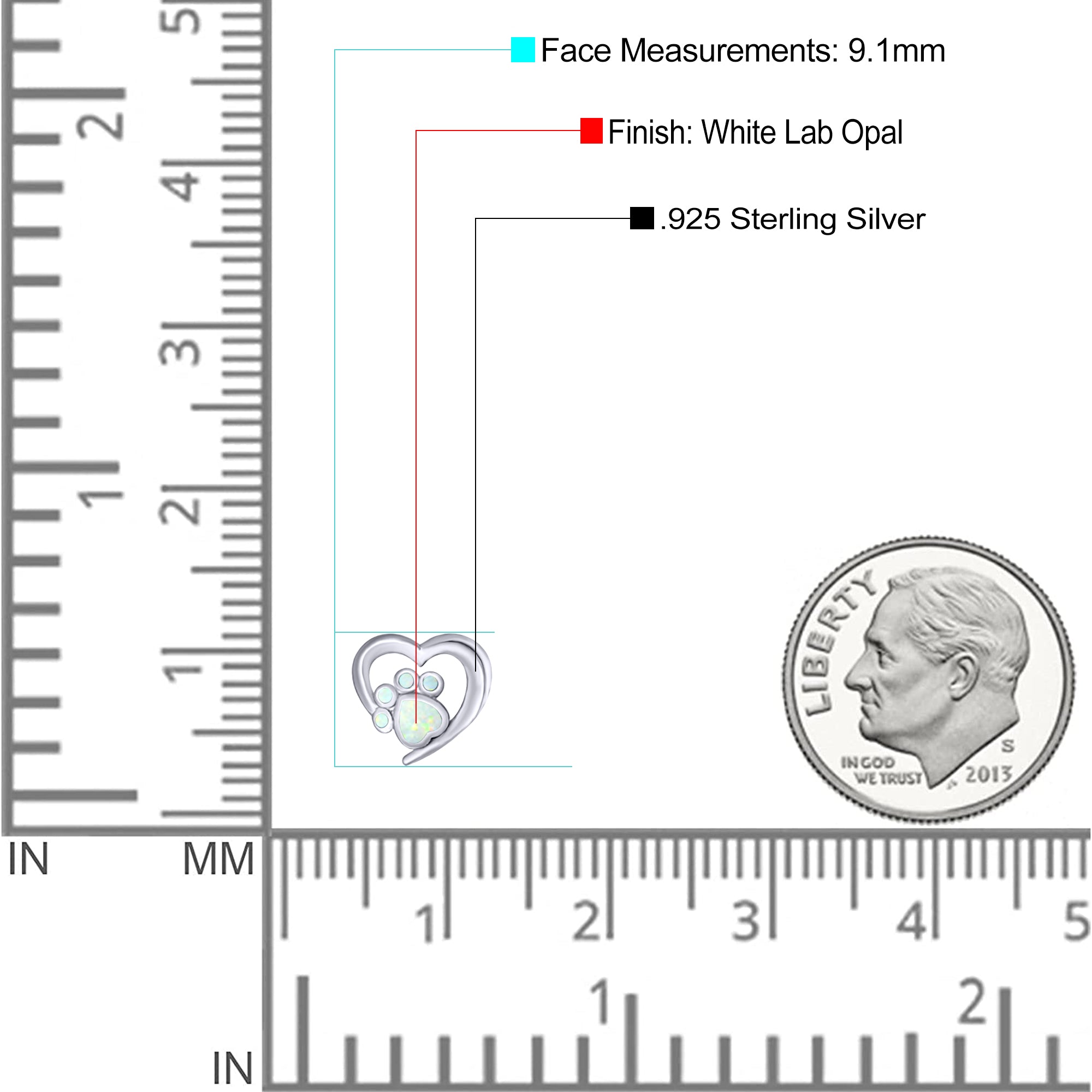 Heart & Paw Print Stud Earring Created Opal Solid 925 Sterling Silver (9.1mm)