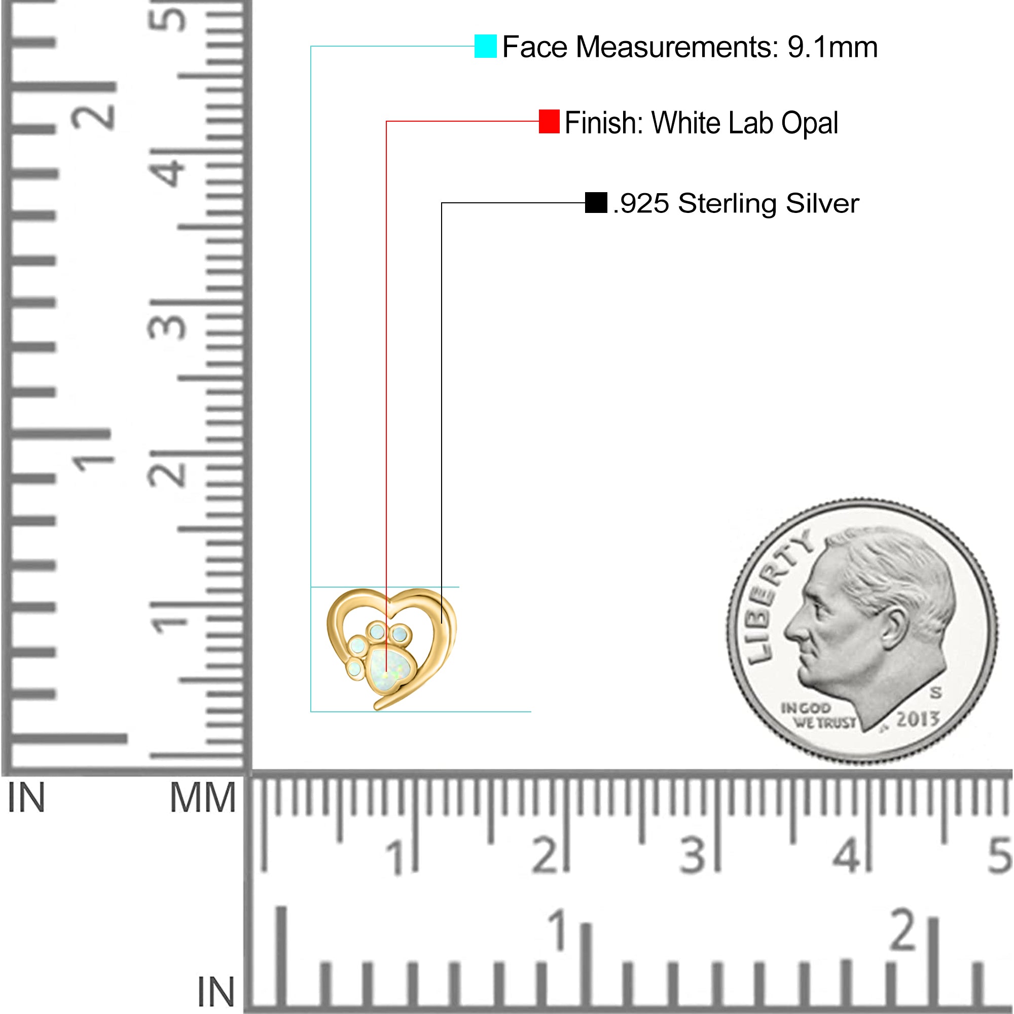 Heart & Paw Print Stud Earring Created Opal Solid 925 Sterling Silver (9.1mm)