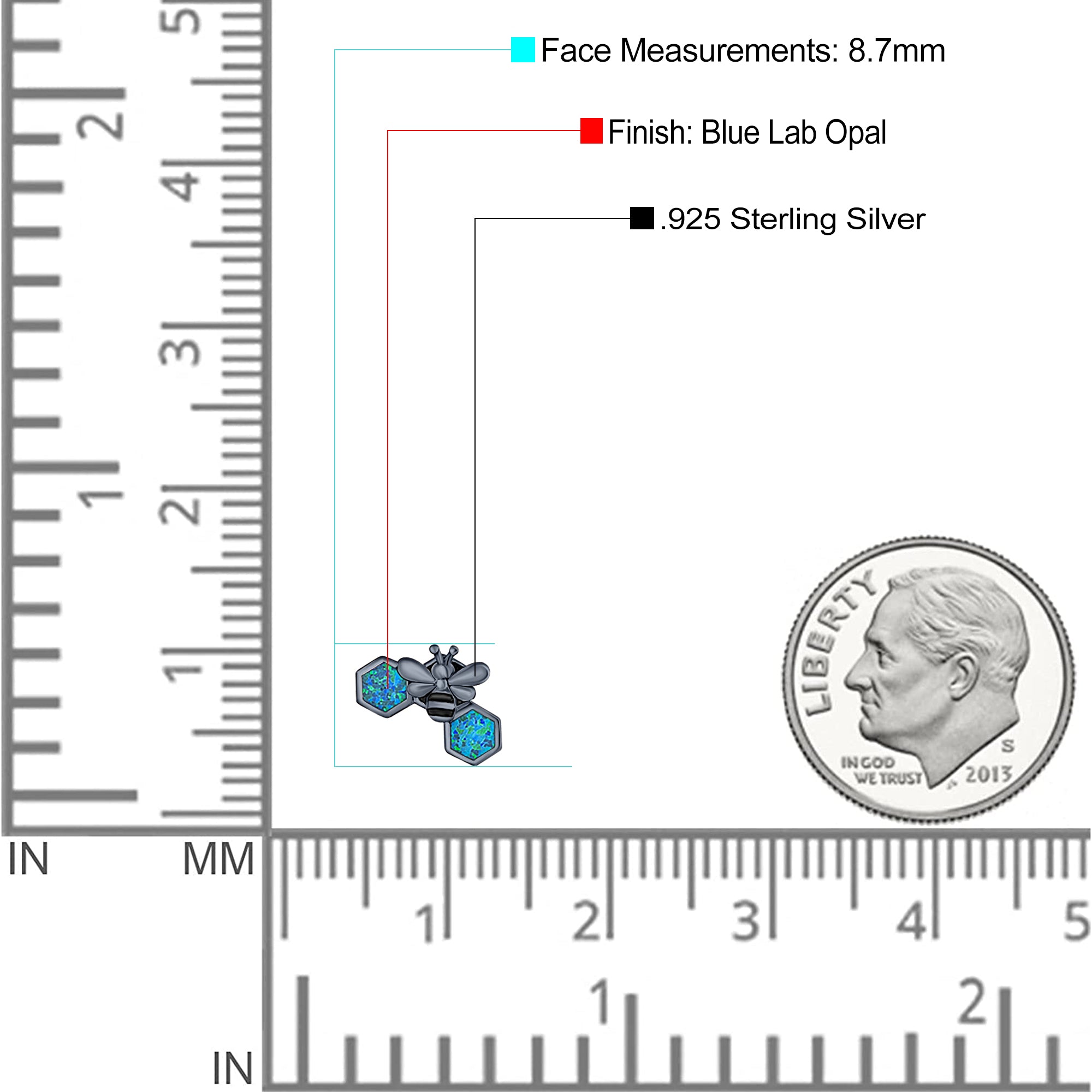 Lucky Honey Bee Print Stud Earring Created Opal Solid 925 Sterling Silver (8.7mm)