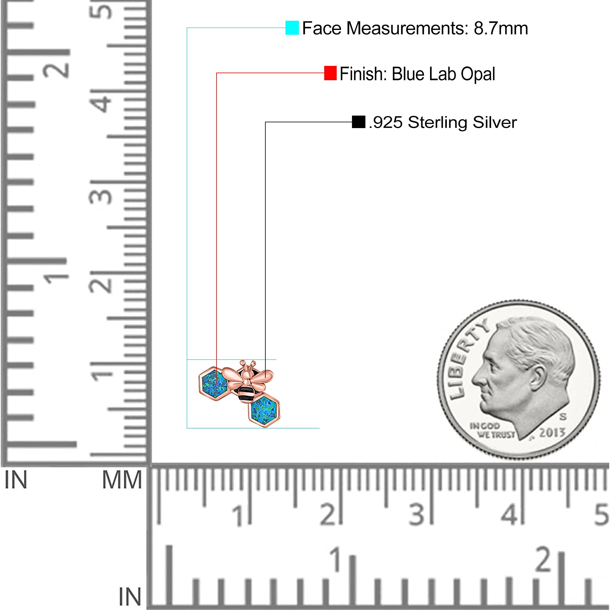 Lucky Honey Bee Print Stud Earring Created Opal Solid 925 Sterling Silver (8.7mm)