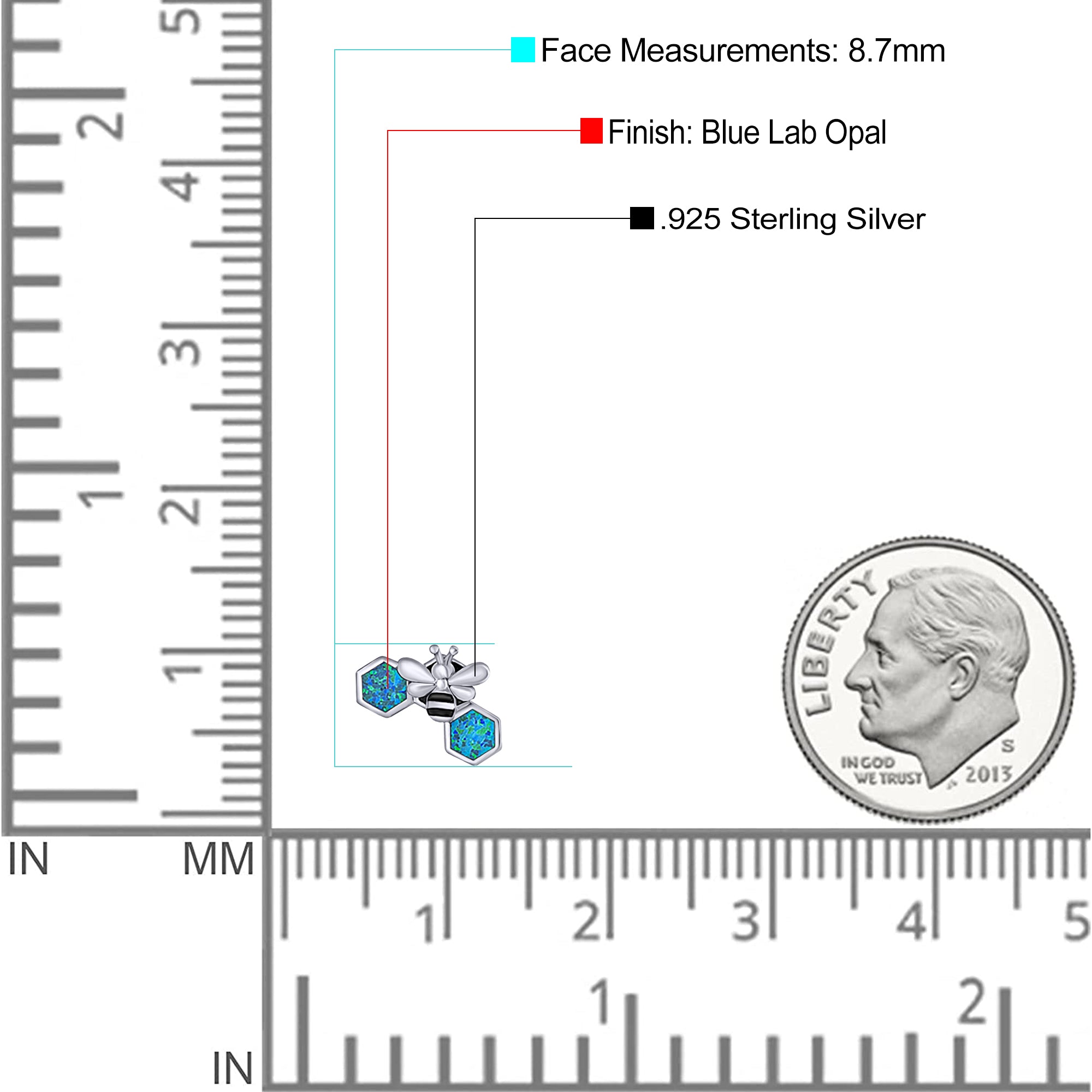 Lucky Honey Bee Print Stud Earring Created Opal Solid 925 Sterling Silver (8.7mm)