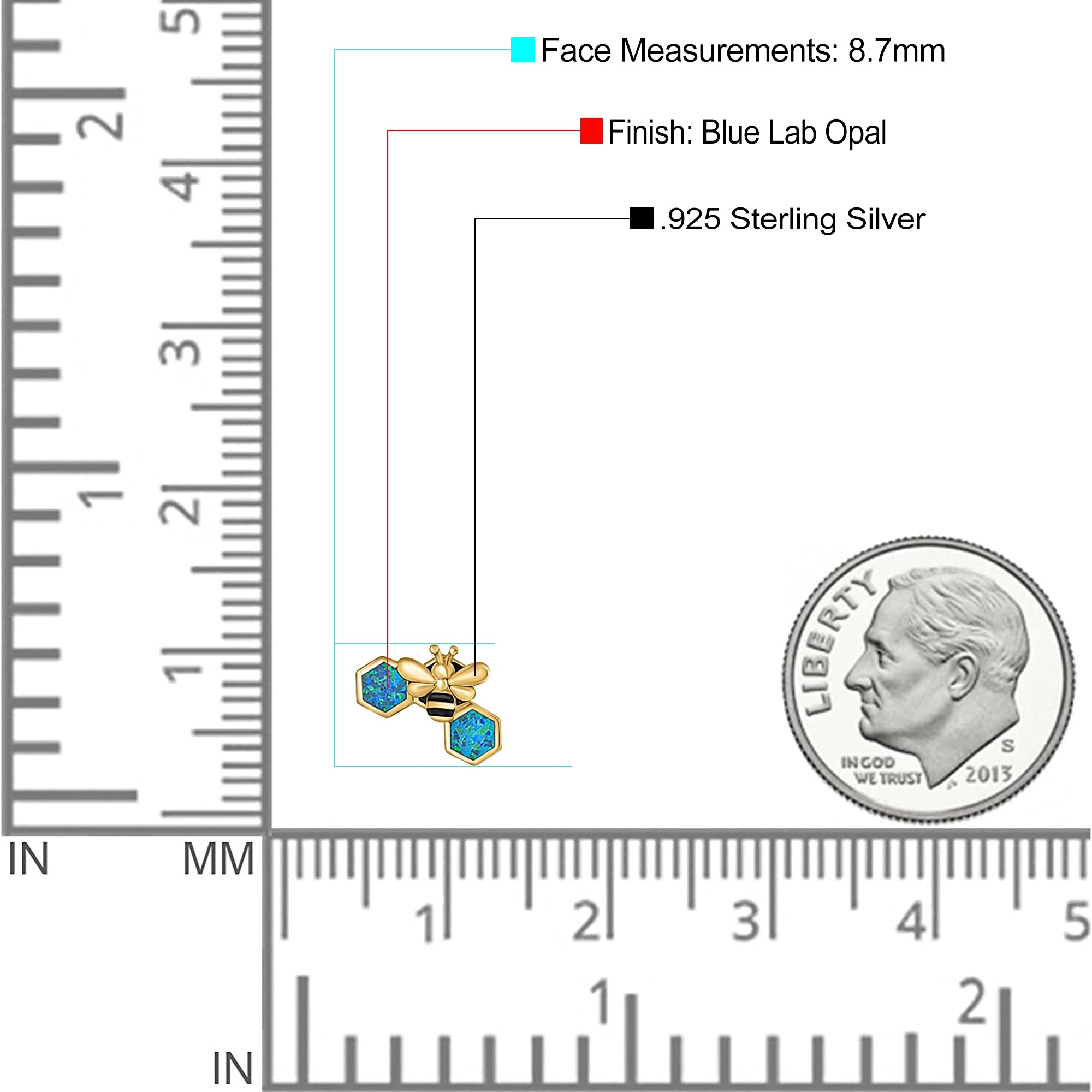 Lucky Honey Bee Print Stud Earring Created Opal Solid 925 Sterling Silver (8.7mm)