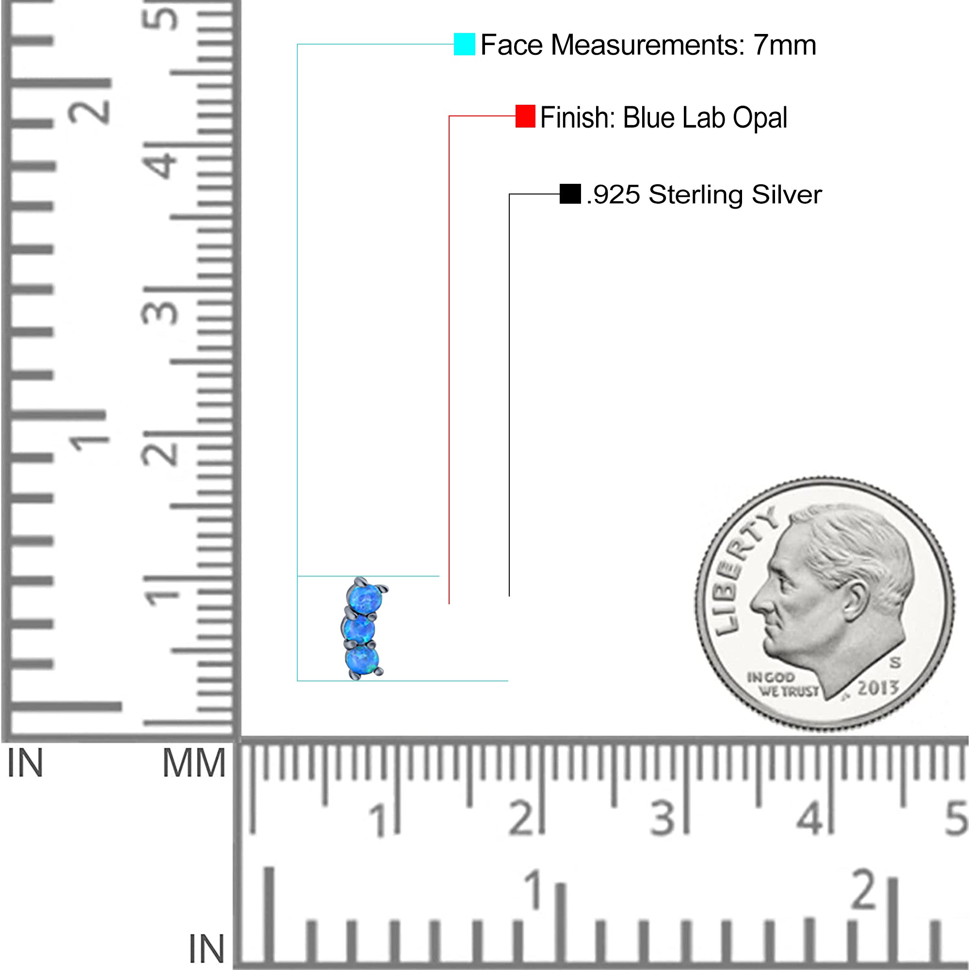 Art Deco Three Stone Style Stud Earring Round Created Opal Solid 925 Sterling Silver (7mm)