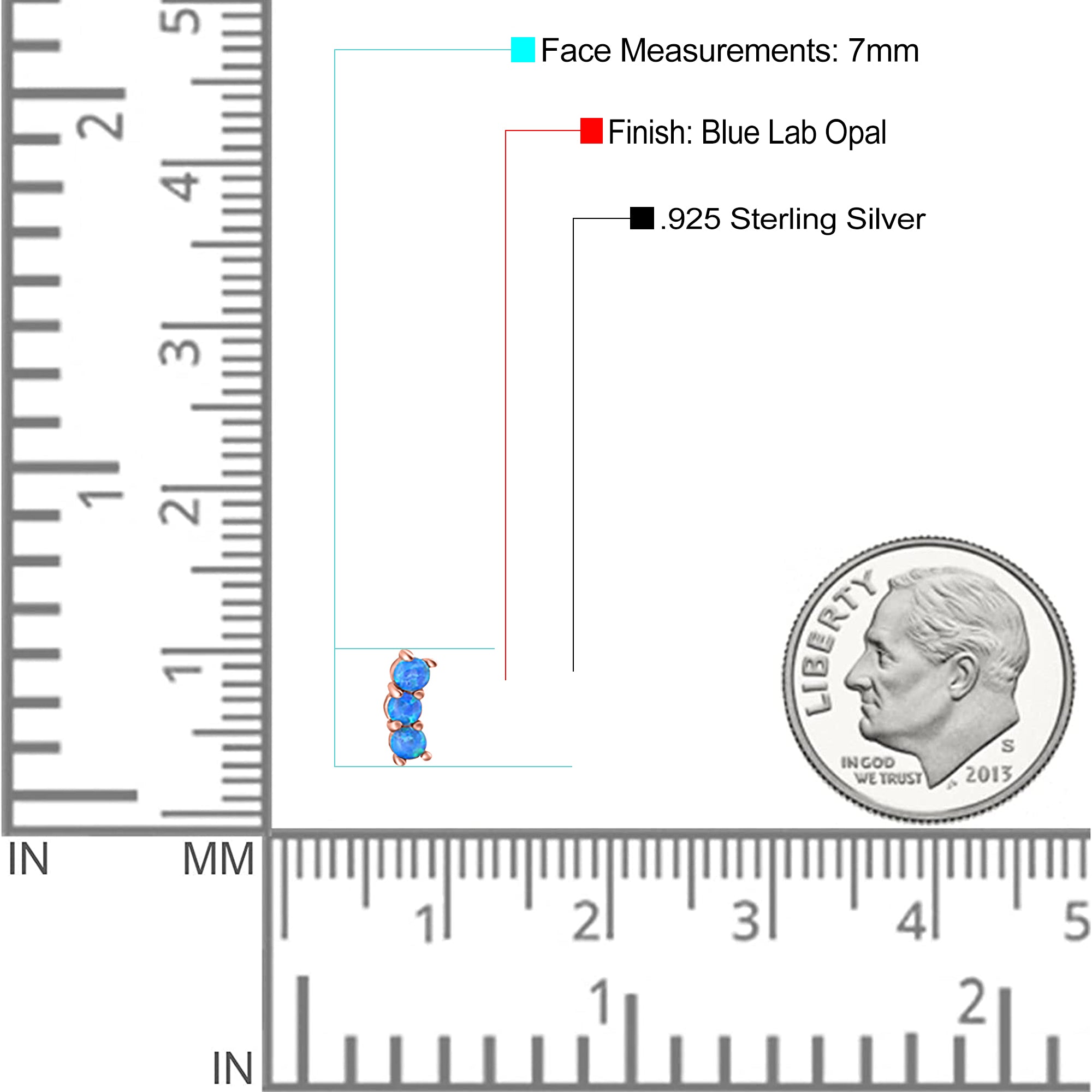 Art Deco Three Stone Style Stud Earring Round Created Opal Solid 925 Sterling Silver (7mm)