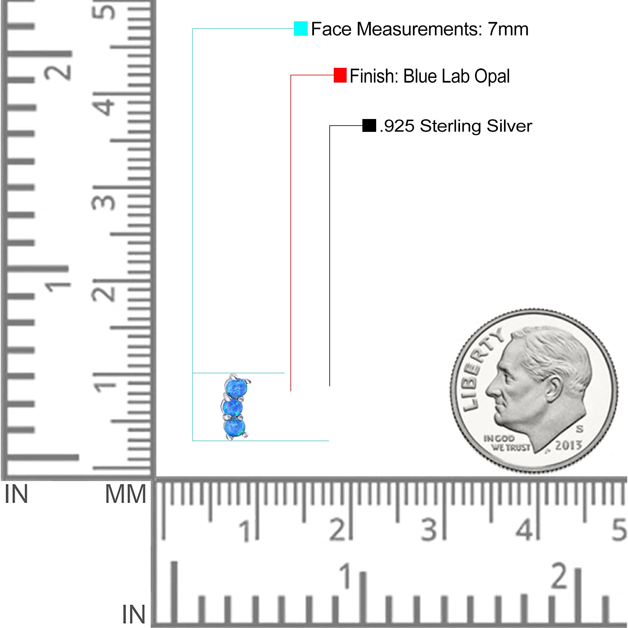 Art Deco Three Stone Style Stud Earring Round Created Opal Solid 925 Sterling Silver (7mm)