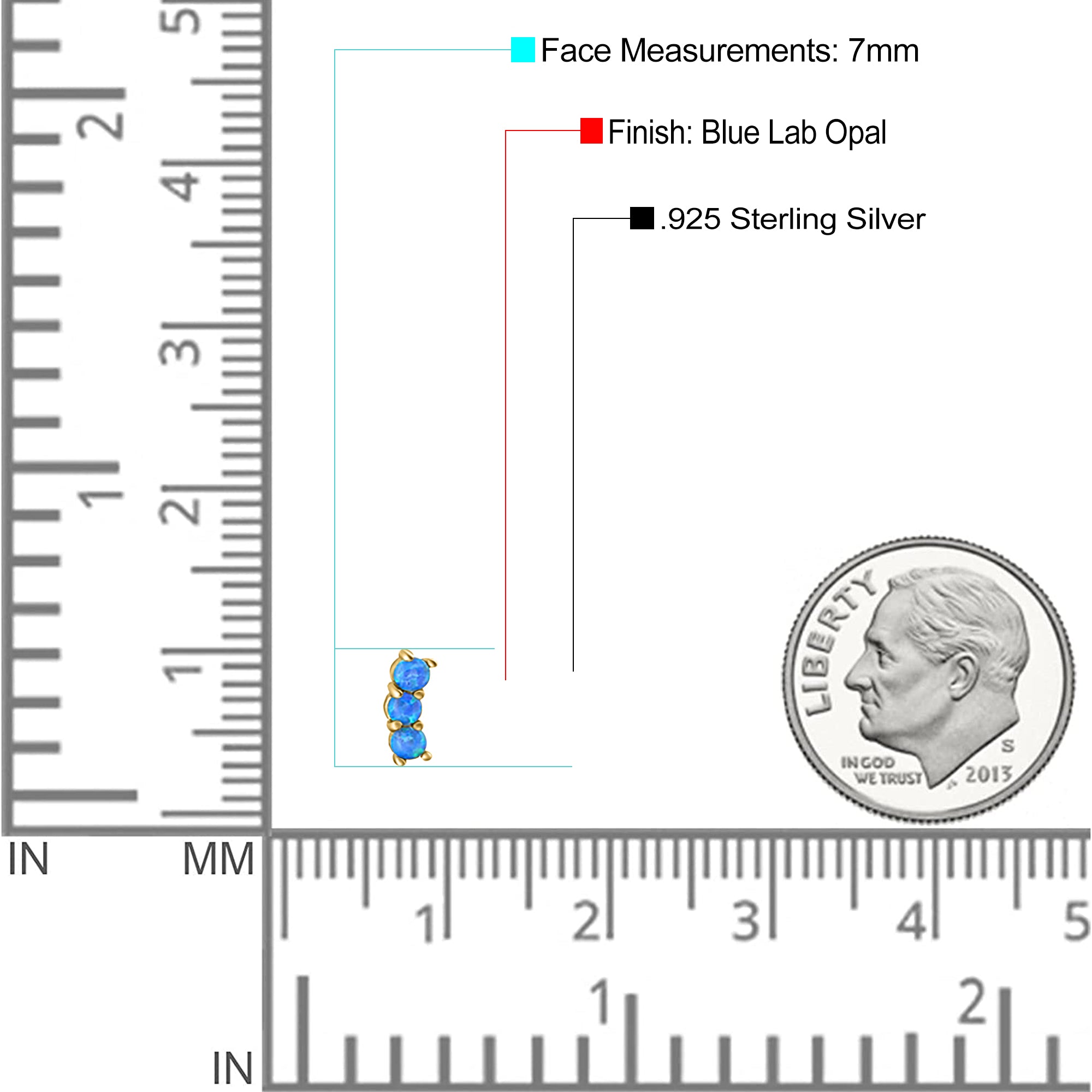 Art Deco Three Stone Style Stud Earring Round Created Opal Solid 925 Sterling Silver (7mm)