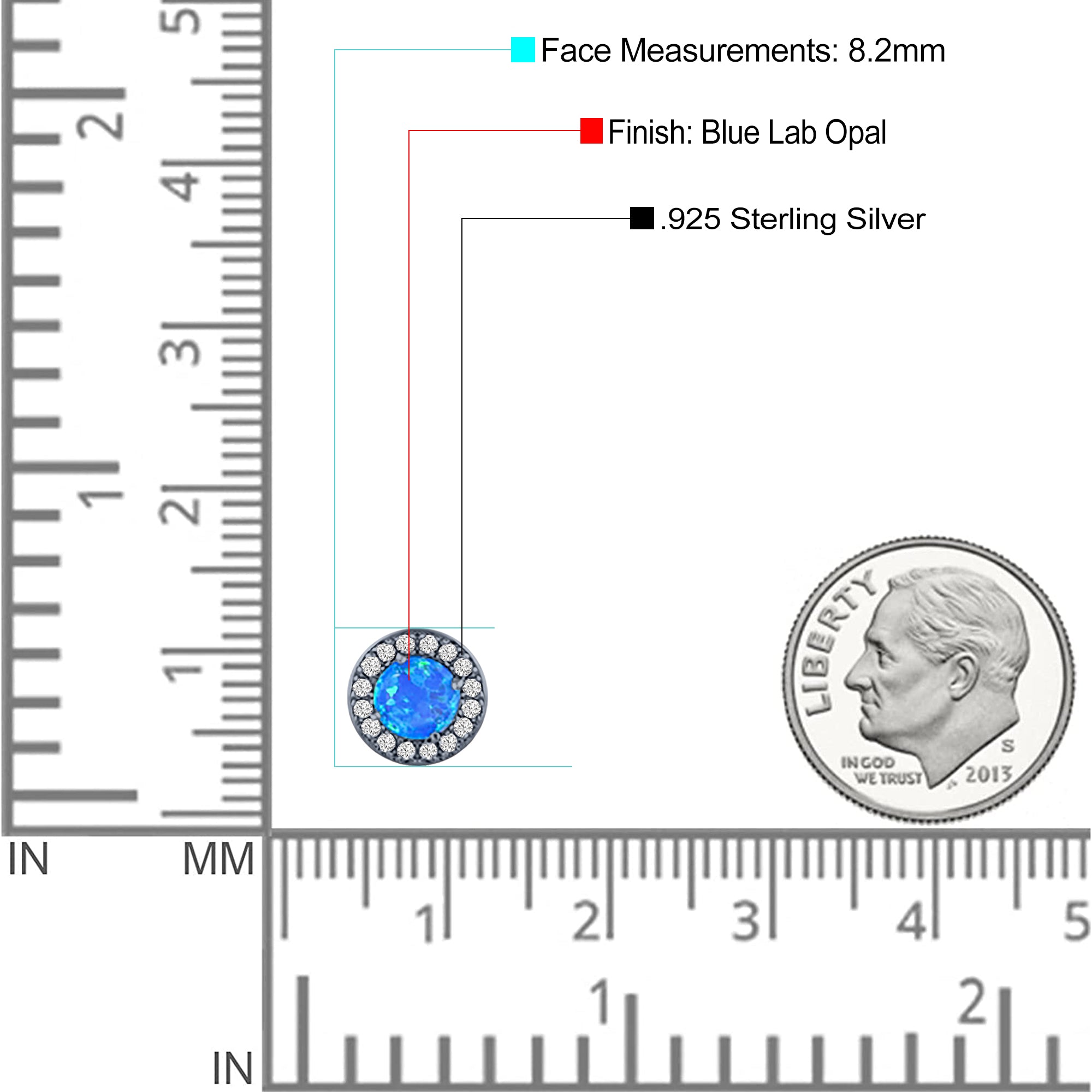 Halo Art Deco Stud Earring Round Simulated Cubic Zirconia Created Opal Solid 925 Sterling Silver (8.2mm)