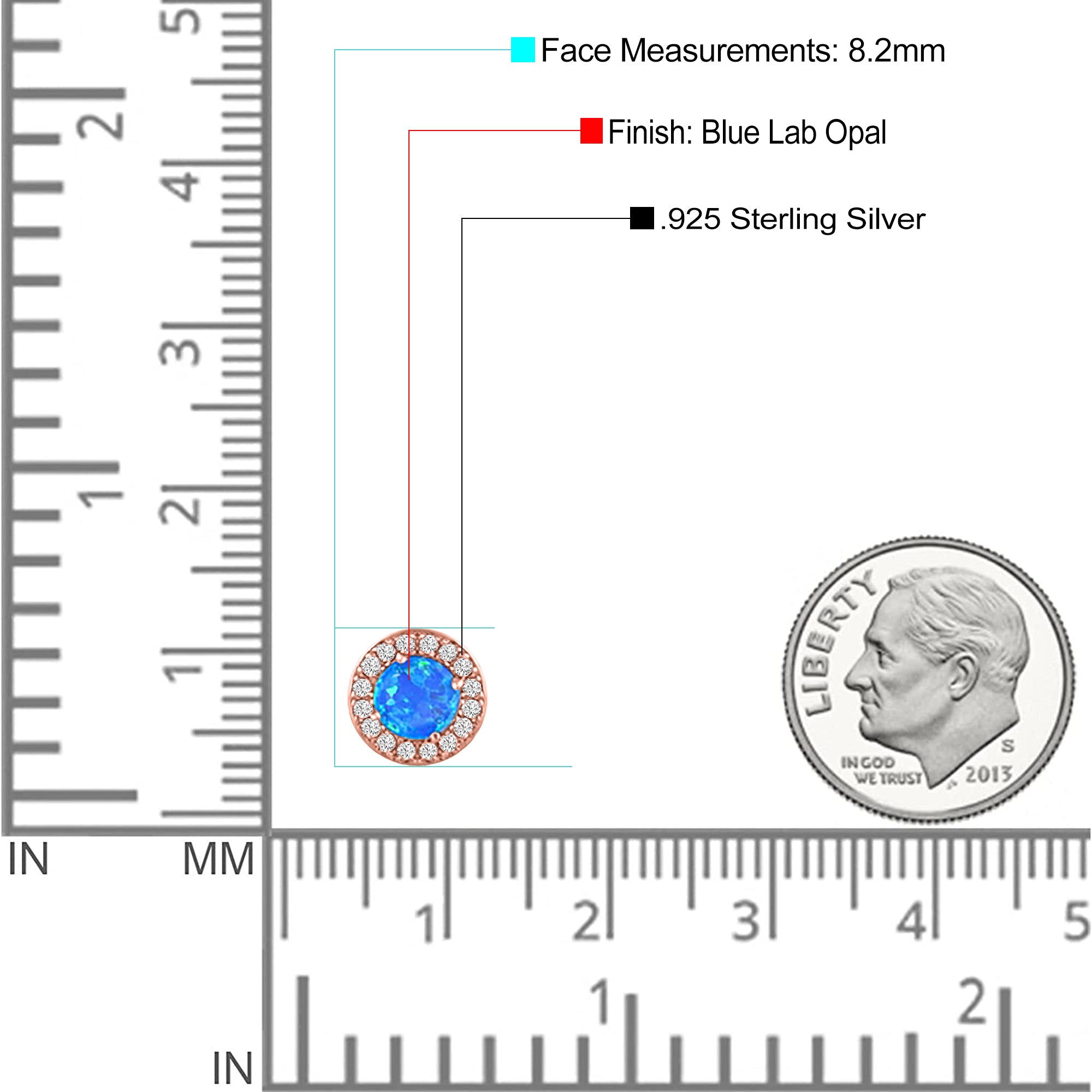 Halo Art Deco Stud Earring Round Simulated Cubic Zirconia Created Opal Solid 925 Sterling Silver (8.2mm)