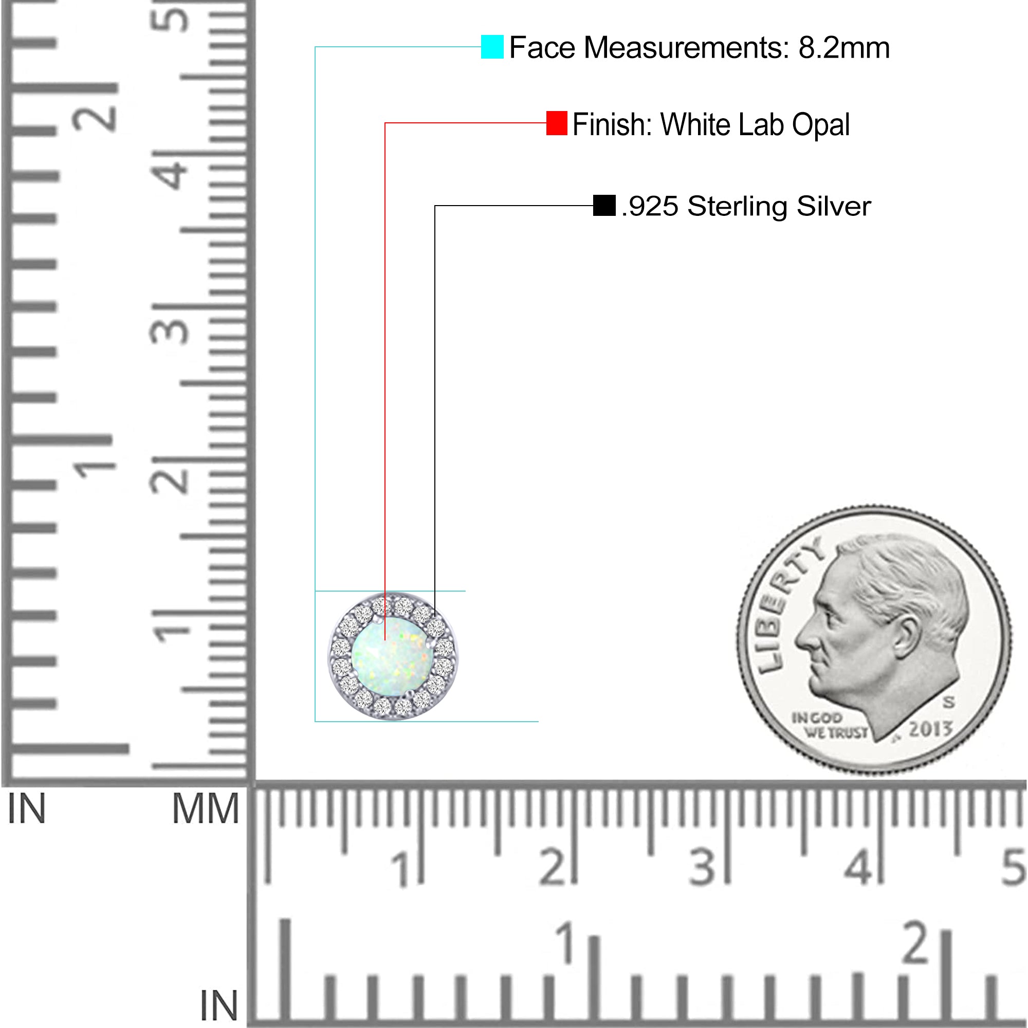 Halo Art Deco Stud Earring Round Simulated Cubic Zirconia Created Opal Solid 925 Sterling Silver (8.2mm)