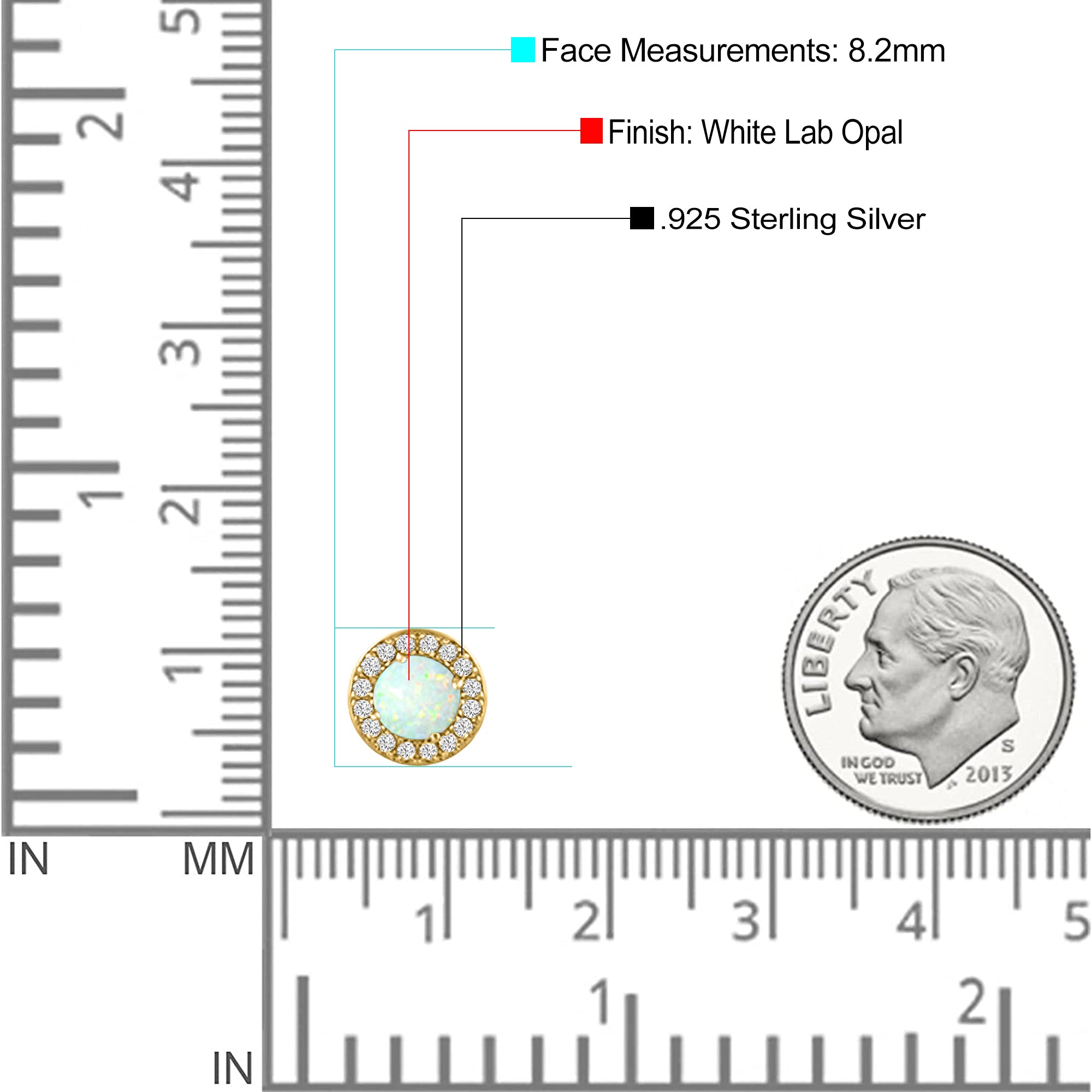 Halo Art Deco Stud Earring Round Simulated Cubic Zirconia Created Opal Solid 925 Sterling Silver (8.2mm)