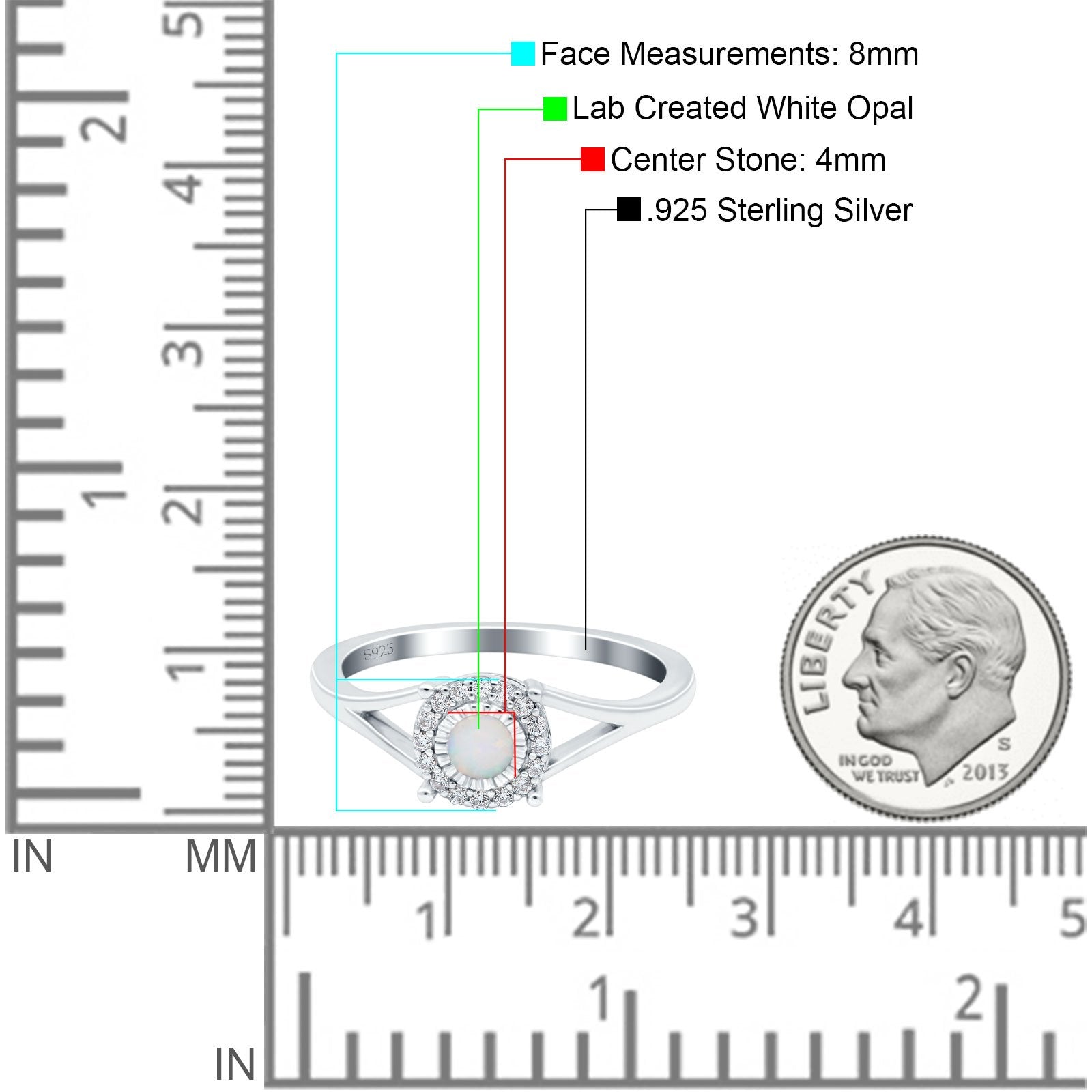 Solitaire Fashion Engagement Ring Created Opal Round Simulated Cubic Zirconia 925 Sterling Silver