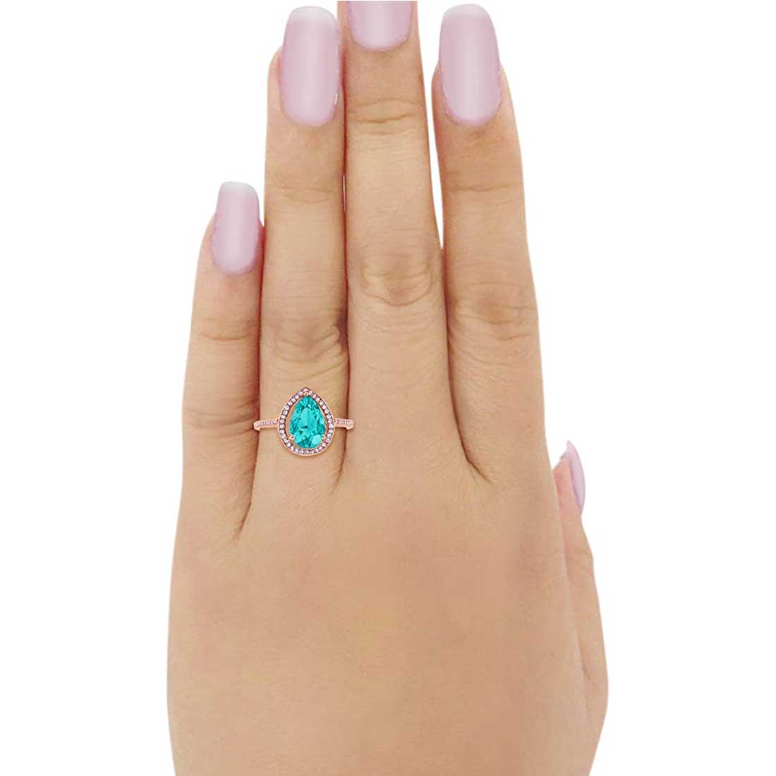 Halo Teardrop Pear Shape Simulated Cubic Zirconia Ring  925 Sterling Silver